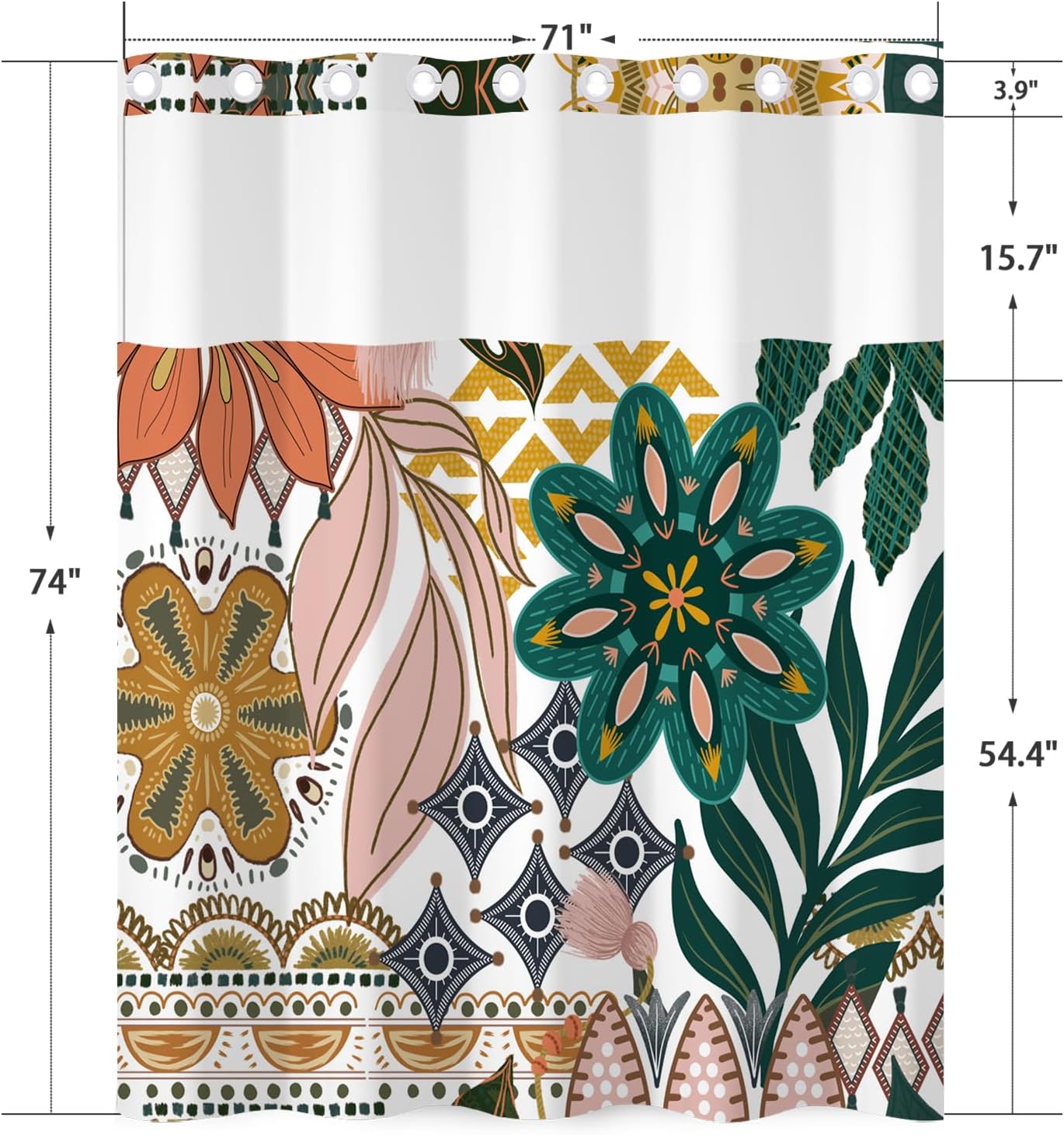 No Hook Boho Shower Curtain and Liner Set 71 x 74 Inch - Colorful Botanical Flower Print, Waterproof Fabric Bath Curtain with Breathable Mesh Top Window for Farmhouse Bathroom, Hotel Decor