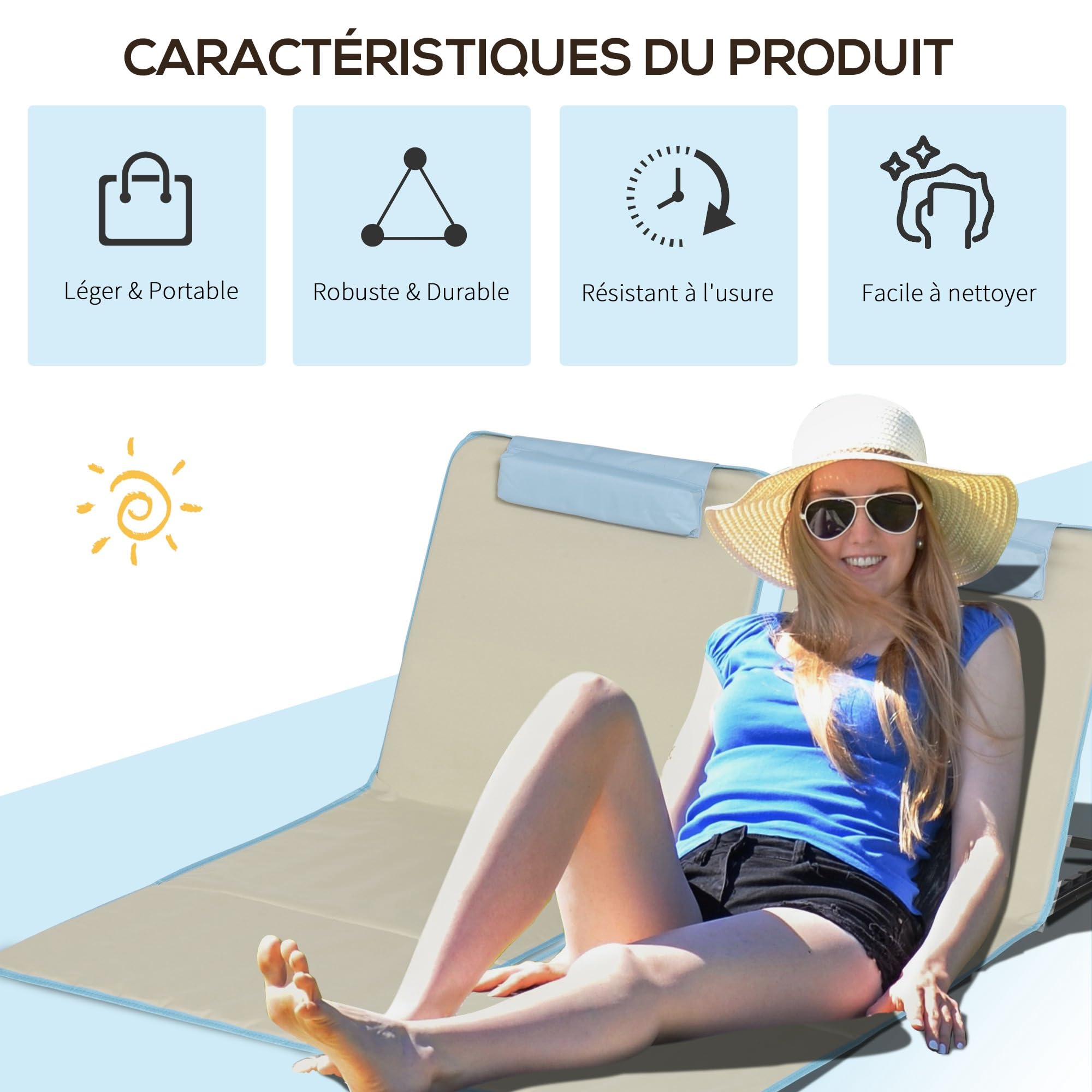 Outsunny Lot de 2 Tapis de Plage pliants Matelas de Plage avec Dossier réglable 5 Positions, Appui-tête réglable, Tissu Oxford, Sac de Transport Inclus, dim. 124L x 53l x 35-45H cm