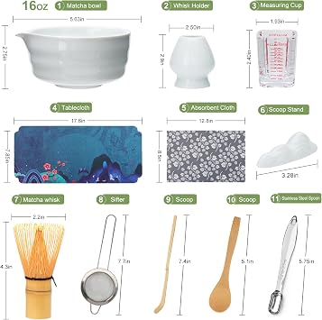 Matcha Whisk Set,11Pcs Matcha Set,Matcha Kit,Whisk Made from 100% Natural Bamboo, 11-component set for all your matcha-making needs,Contains stainless steel spoon, measuring cup(white)