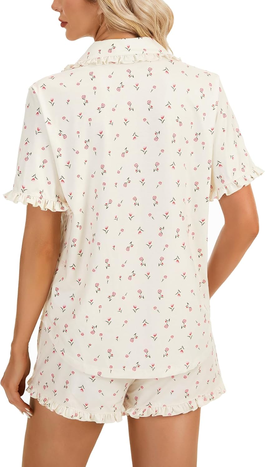 LYANER Women's Pajama Set Floral Print Ruffle Short Sleeve Button Down Sleepwear Cute Shorts - Image 5