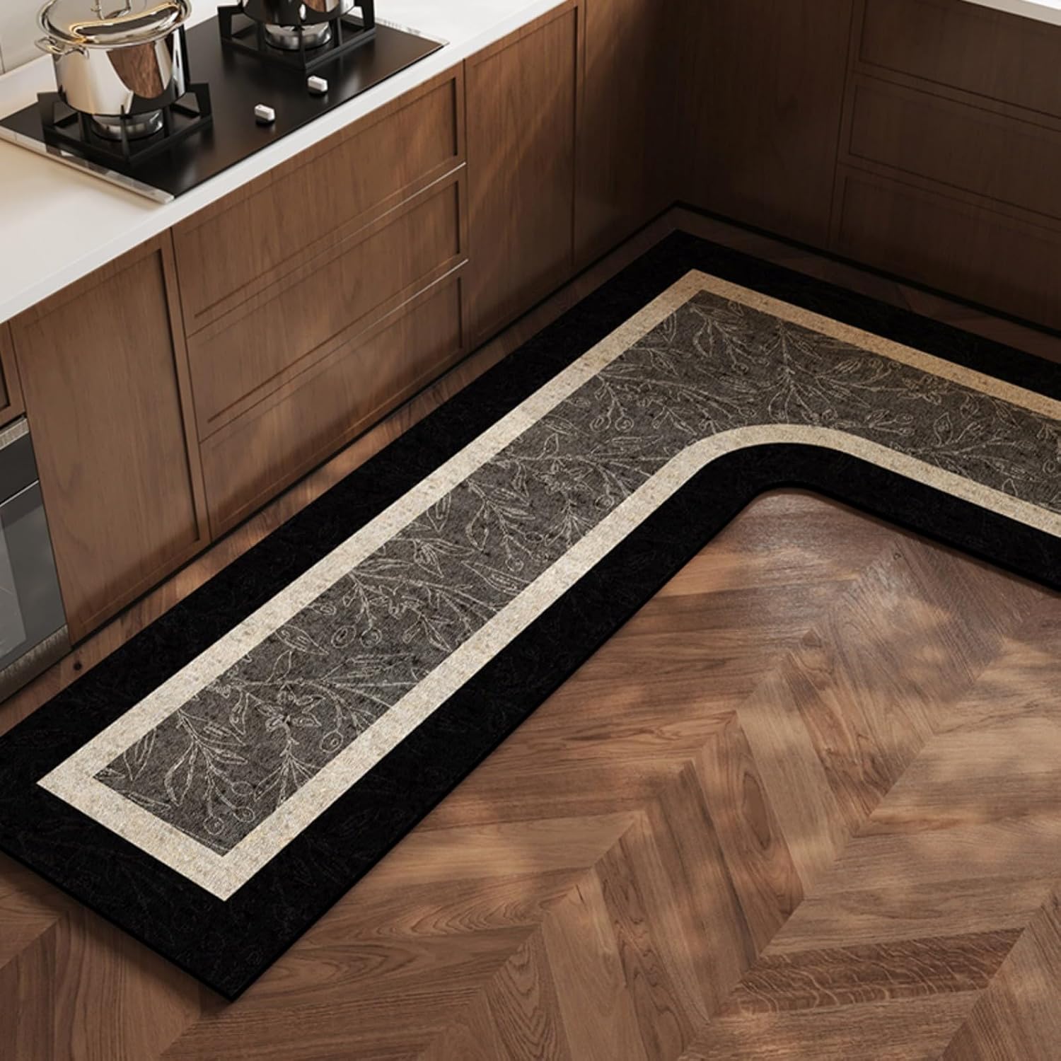 Corner Sink Kitchen Mat, 1-Piece L Shaped Rug for Kitchen, Super Absorbent Kitchen Floor Mats, Double Anti-Slip Printing Corner Mat for Home (Black Branch-Left L, 4'11''X3'3'')