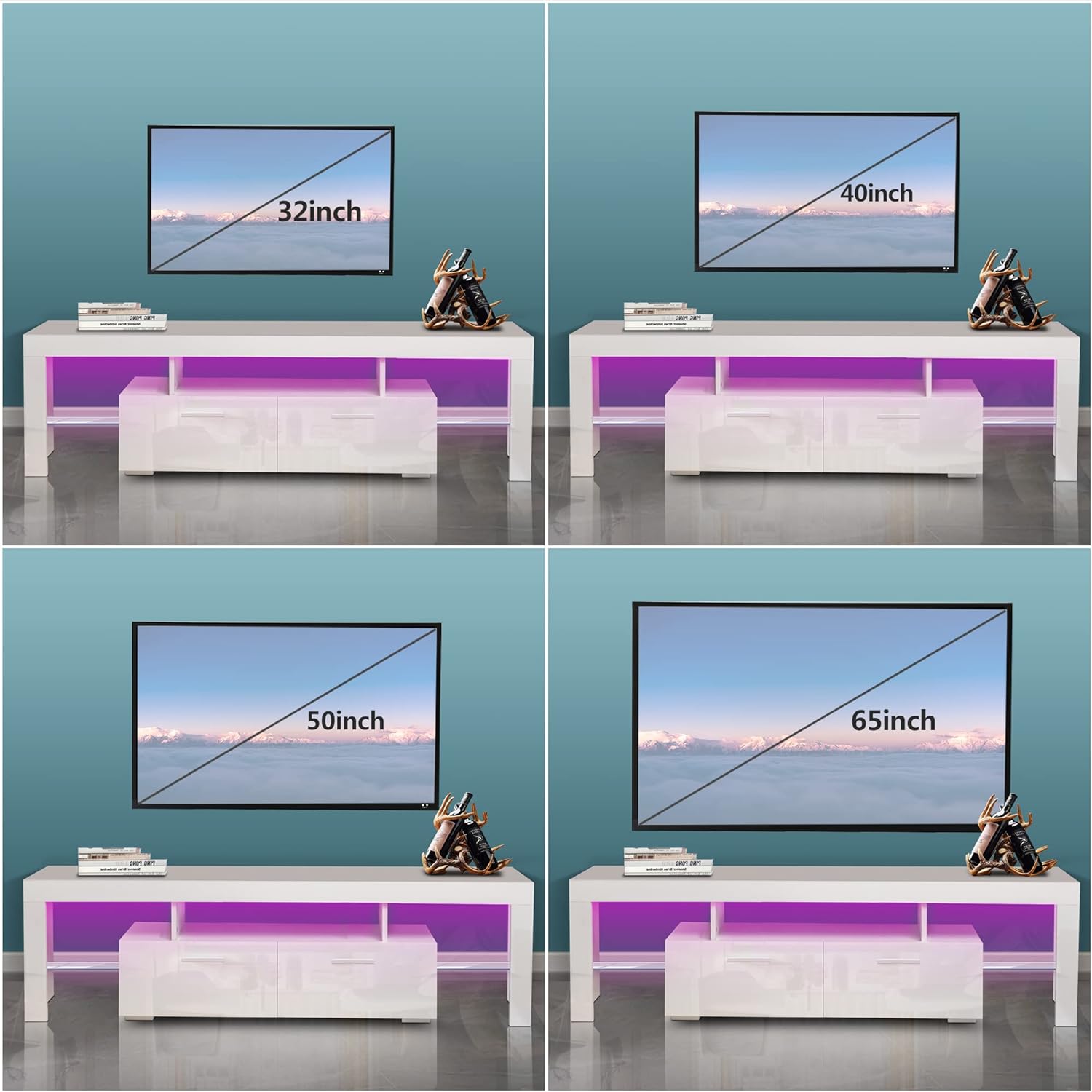 Goujxcy Morden TV Stand, Modern LED TV Stand w/20 Colors Remote Control Lights,High Gloss TV Cabinet w/Storage Open Shelf 2 Drawers, 70 Inch Entertainment Center for Living Room (White7)