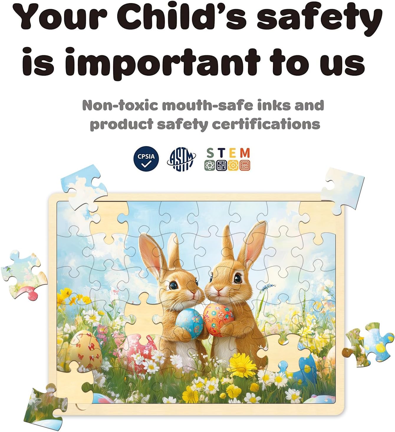 48 Piece Easter Puzzles for Kids Ages 3-5, Eggs & Bunny Easter Wooden Jigsaw Puzzle for 3 4 5 Year Old, Toddler Puzzles for Kids Ages 4-8 with Storage Tray