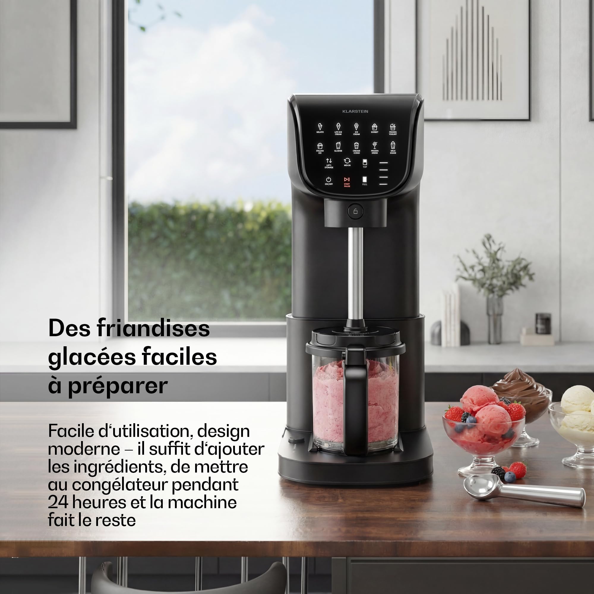Klarstein Velaire Sorbetière – Machine à glace 500 W, 3 bacs de 0,6 L (1,8 L au total), 10 programmes, écran tactile, yaourt glacé et sorbet