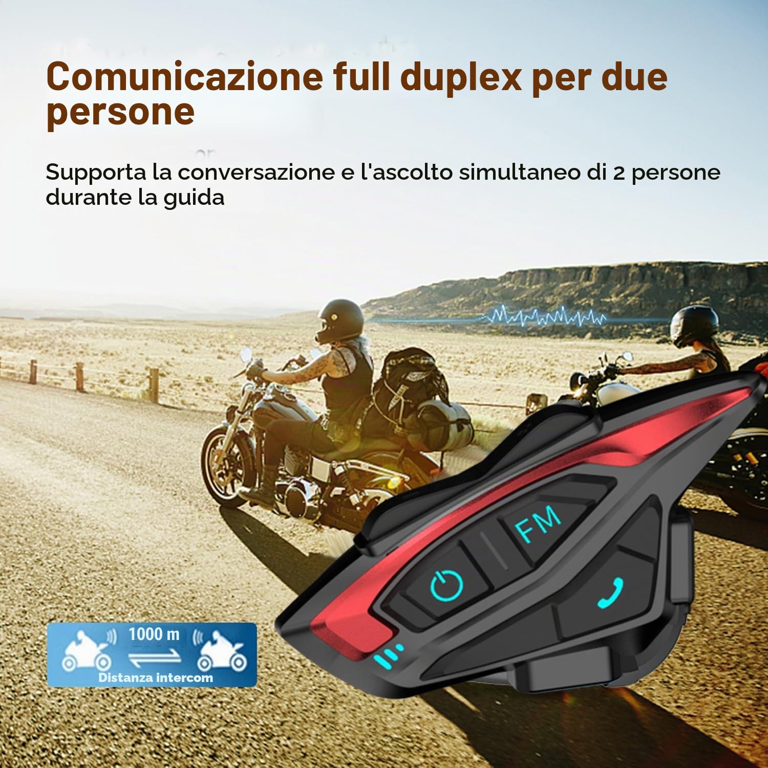 QSPORTPEAK Shark02 interfono moto bluetooth, sistema bluetooth per casco per 2 piloti/Portata 1000m/Condivisione musica/Selezione tono multi-paese(1 pezzi)