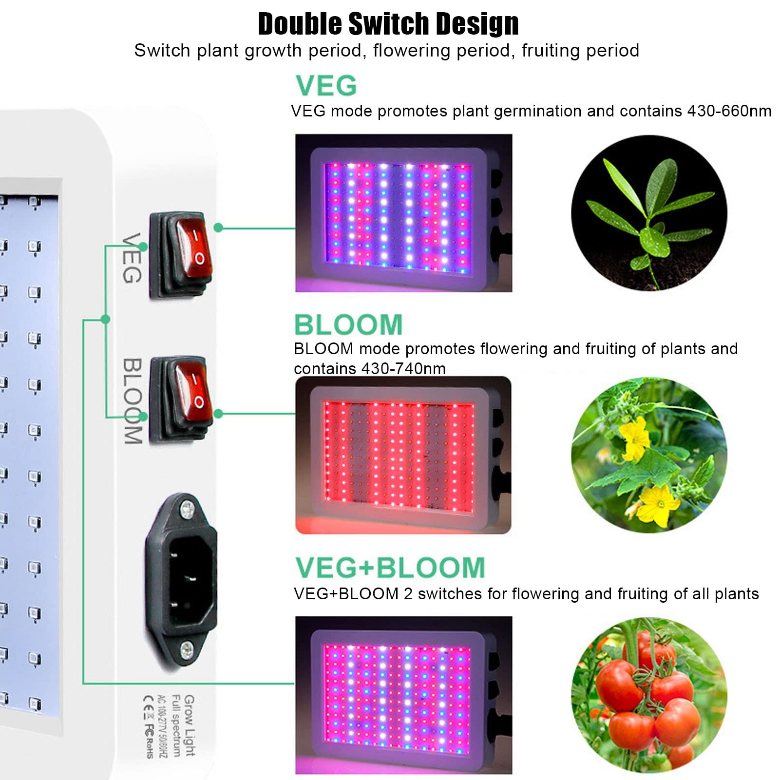 Oświetlenie LED do Uprawy Roślin, 2000 W 312 Diod LED Pełne Spektrum światła do Uprawy Roślin Podwójny Przełącznik 3 Tryby Biegów Rośliny Domowe Lampa LED do Uprawy Roślin Warzywnych,(EU)