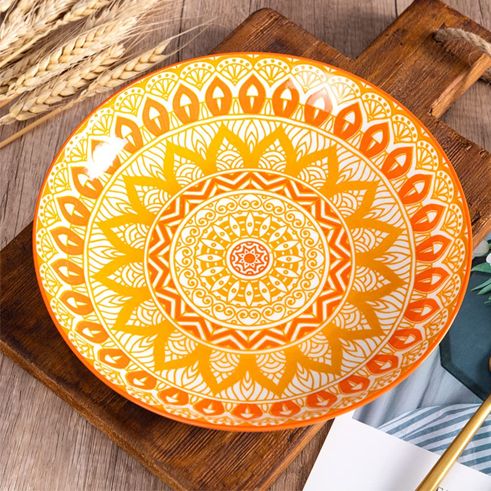 fanquare Lot de 4 Assiettes à Salade en Porcelaine - 20 cm Ensemble d'Assiettes en Céramique Boho Floral, Assiette d'Appoint pour Salade, Pâtes, Dessert, Fruits, Gâteau, Apéritif