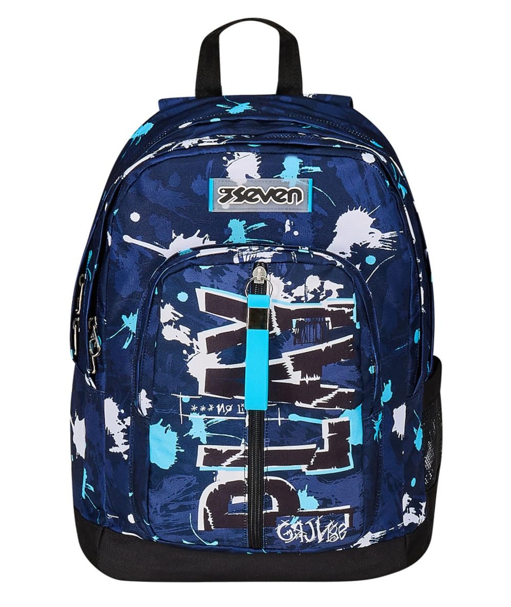 Seven Zaino Doppio Scomparto New Fit, SpottyBlue, Blu, Tasca Porta Borraccia, Maxi Capienza, Schienale Preformato, Zaino Scuola e Viaggio, Bambini e Ragazzi