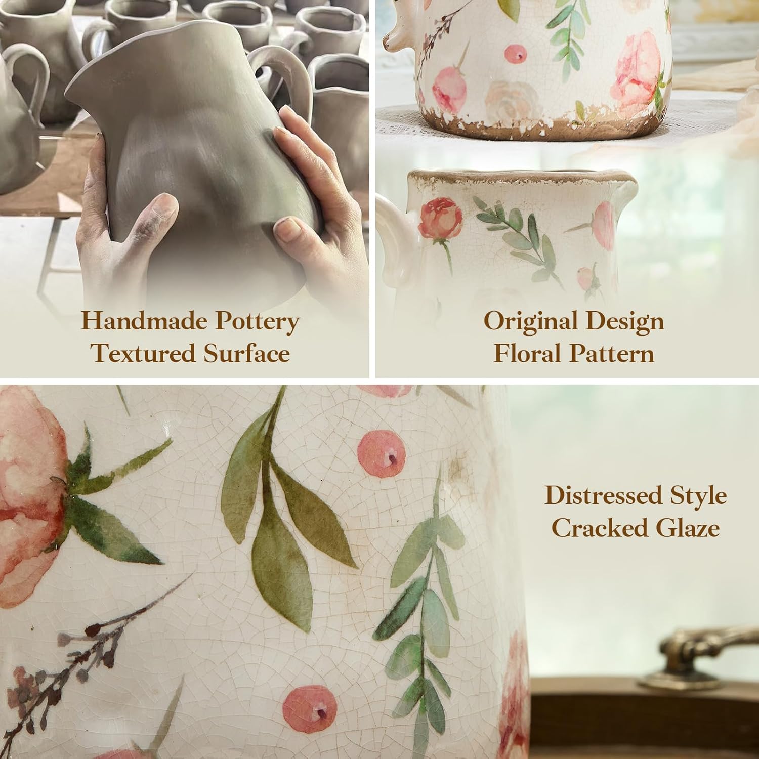 Vintage Fruit and Floral Ceramic Vase with Handle, Retro Ice Glazed Crack Farmhouse Pitcher Vase for Home Decor, Living Room, Shelf, Office, Rustic Table Centerpiece 7 Inch - Image 5