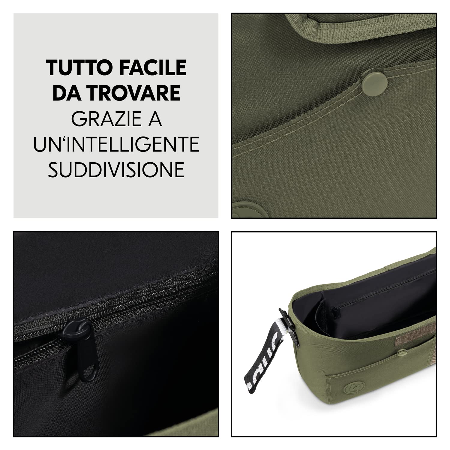 hauck Borsa Passeggino e Carrozzina, Verde Oliva - 35 x 10 x 22 cm - Borsone Portaoggetti con Portabibite di Facile Presa e Tasca in Rete - Chiusura a Strappo per Fissaggio al Manubrio