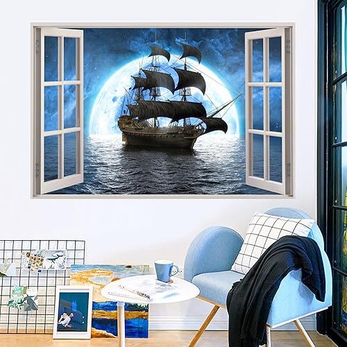 Miniatura 5 de Adhesivo de pared con diseño de barco pirata 3D, extraíble con diseño de barco pirata, vista de ventana de mar y océano, para decoración de ventanas