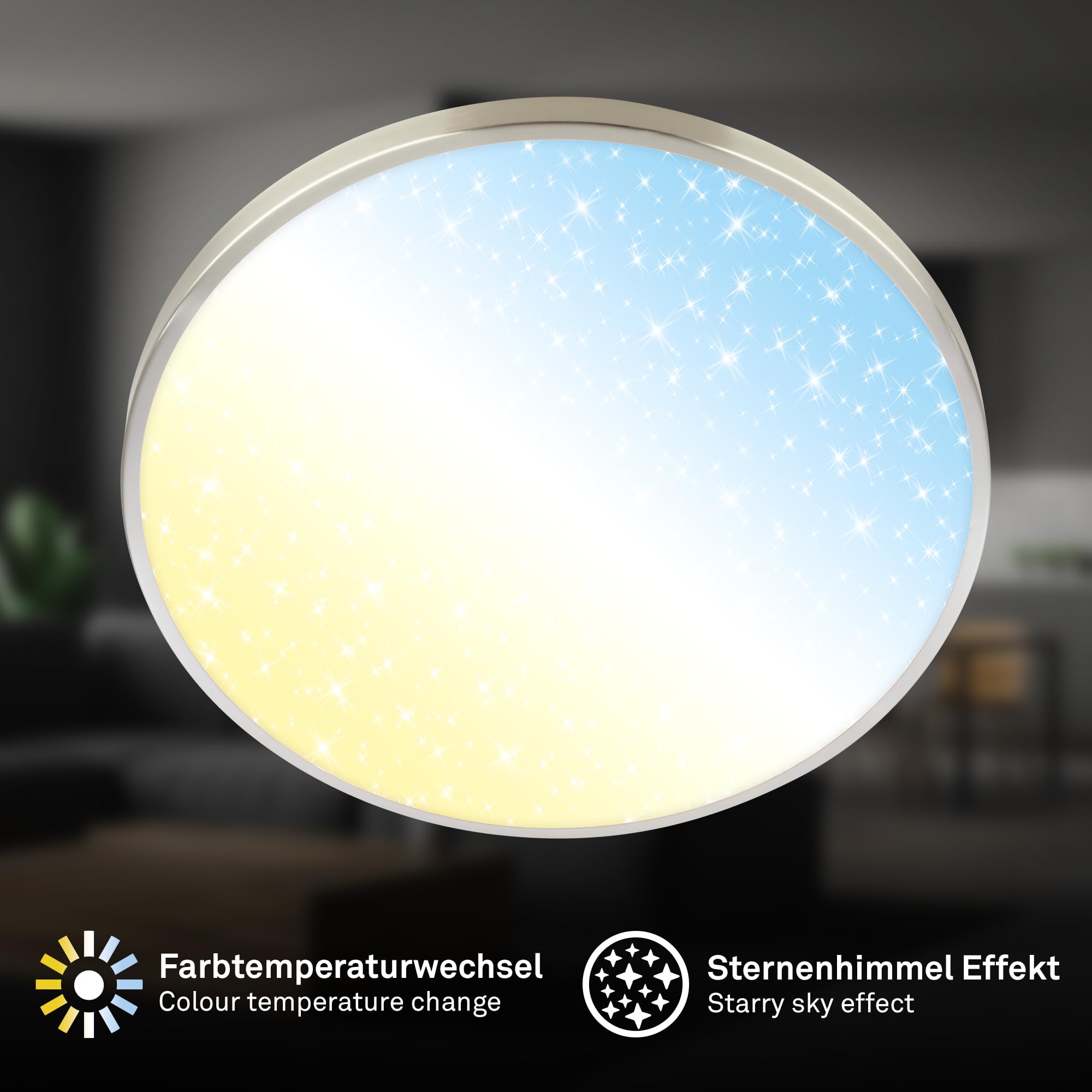 Briloner - Plafoniera LED, dimmerabile, CCT, paralume decorativo, cielo stellato, lampada soffitto, 38 x 6,5 cm, nichel opaco