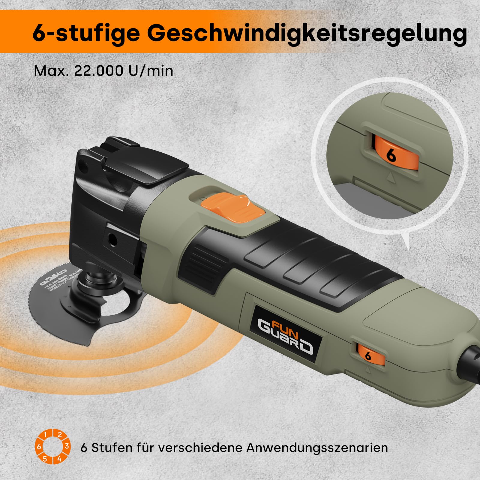Oszillationswerkzeug 300W Multifunktionswerkzeug mit 30 Zubehör, 6 Variable Geschwindigkeit 15000-22000RPM, Zusatzgriff, 3.5° Oszillationswinkel,zum Schneiden,Schnitzen,Schleifen,Polieren