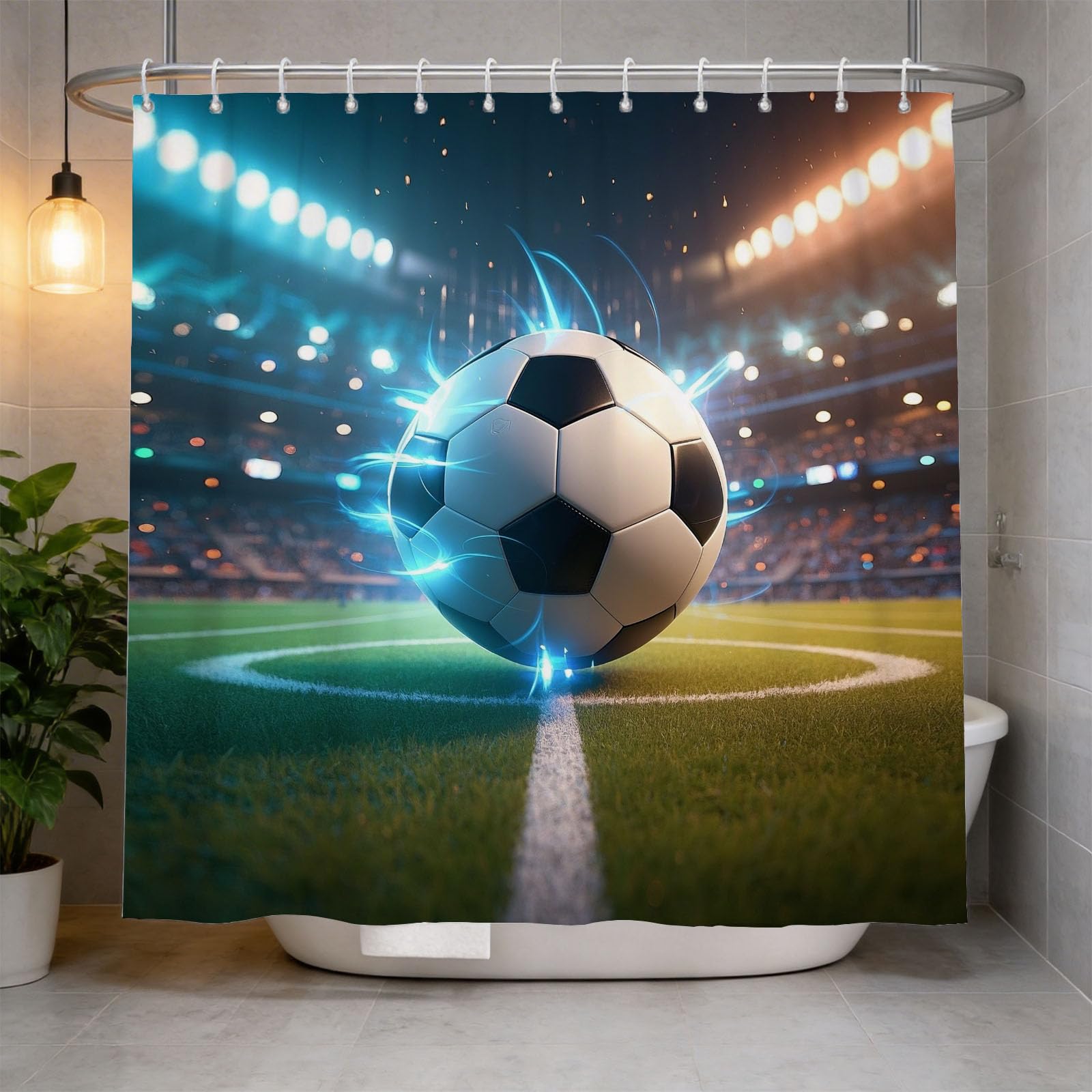 Hongduo 3D Football Shower Curtain for Stalls Bathtubs Soccer Field Bathroom Decor Shower Curtain Set Polyester Fabric Waterproof 200x200cm/79X79 Inch with Hooks