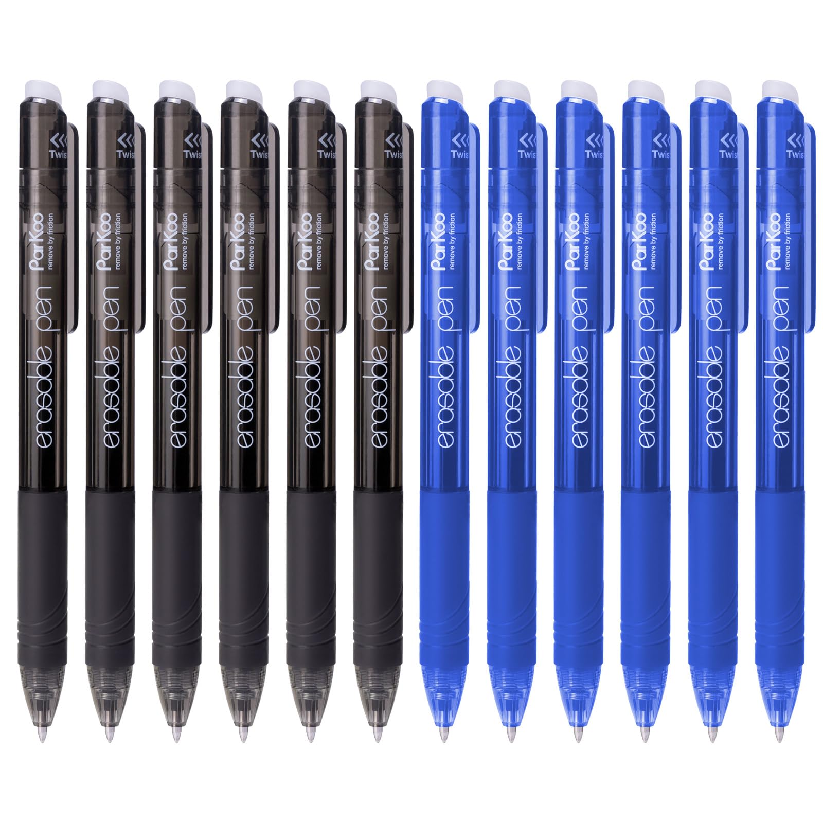 ParKoo Retractable Erasable Gel Pens 0.7mm, 6 Black/6 Blue Twist Pens Fine Point, Make Mistakes Disappear, Smooth Writing with Comfortable Grip for