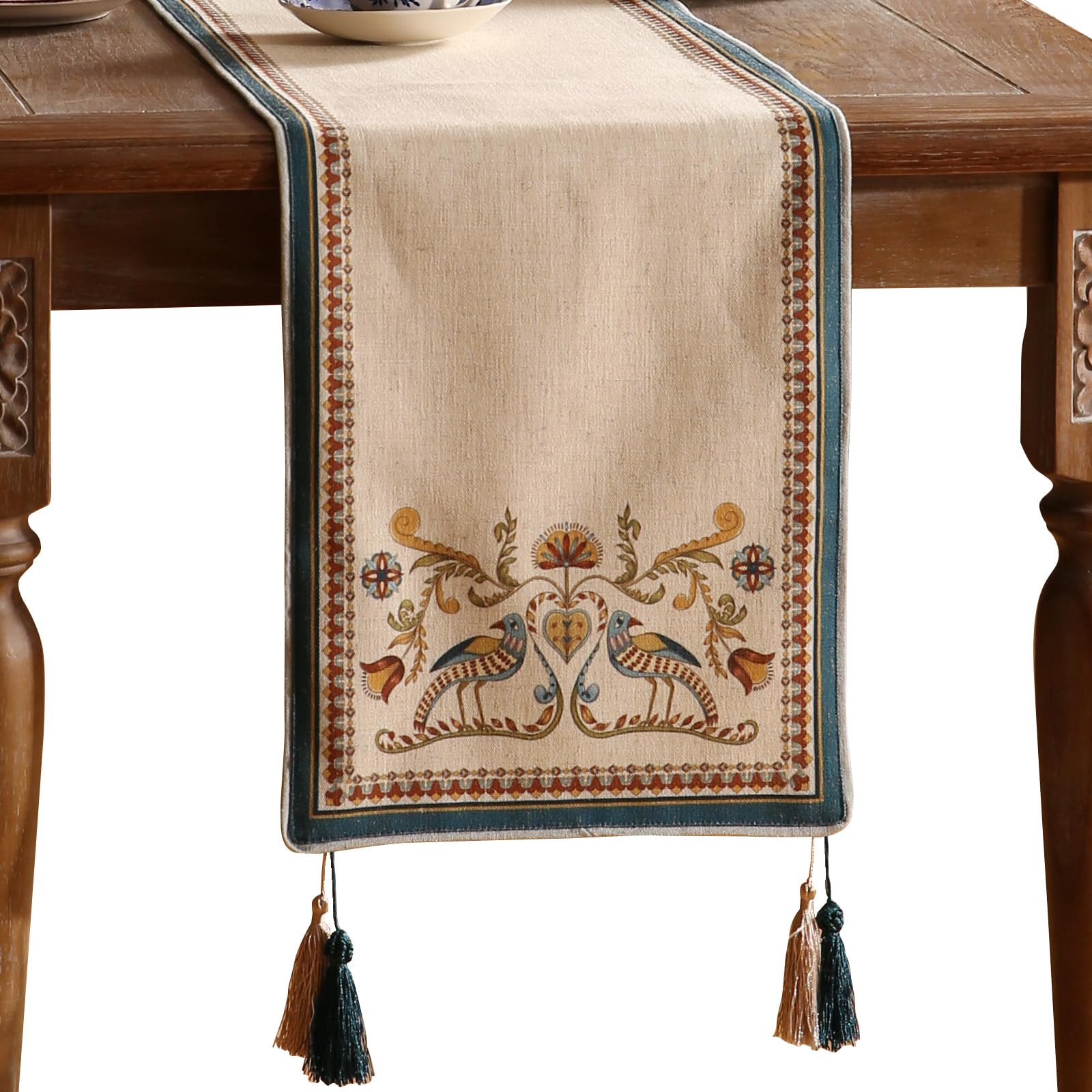 patdrea Designer Beige Farmhouse Geometric Patterned Linen Table Runner 102 Inch Long,Wrinkle Resistant Table Mat,Decoration for Kitchen Dining and