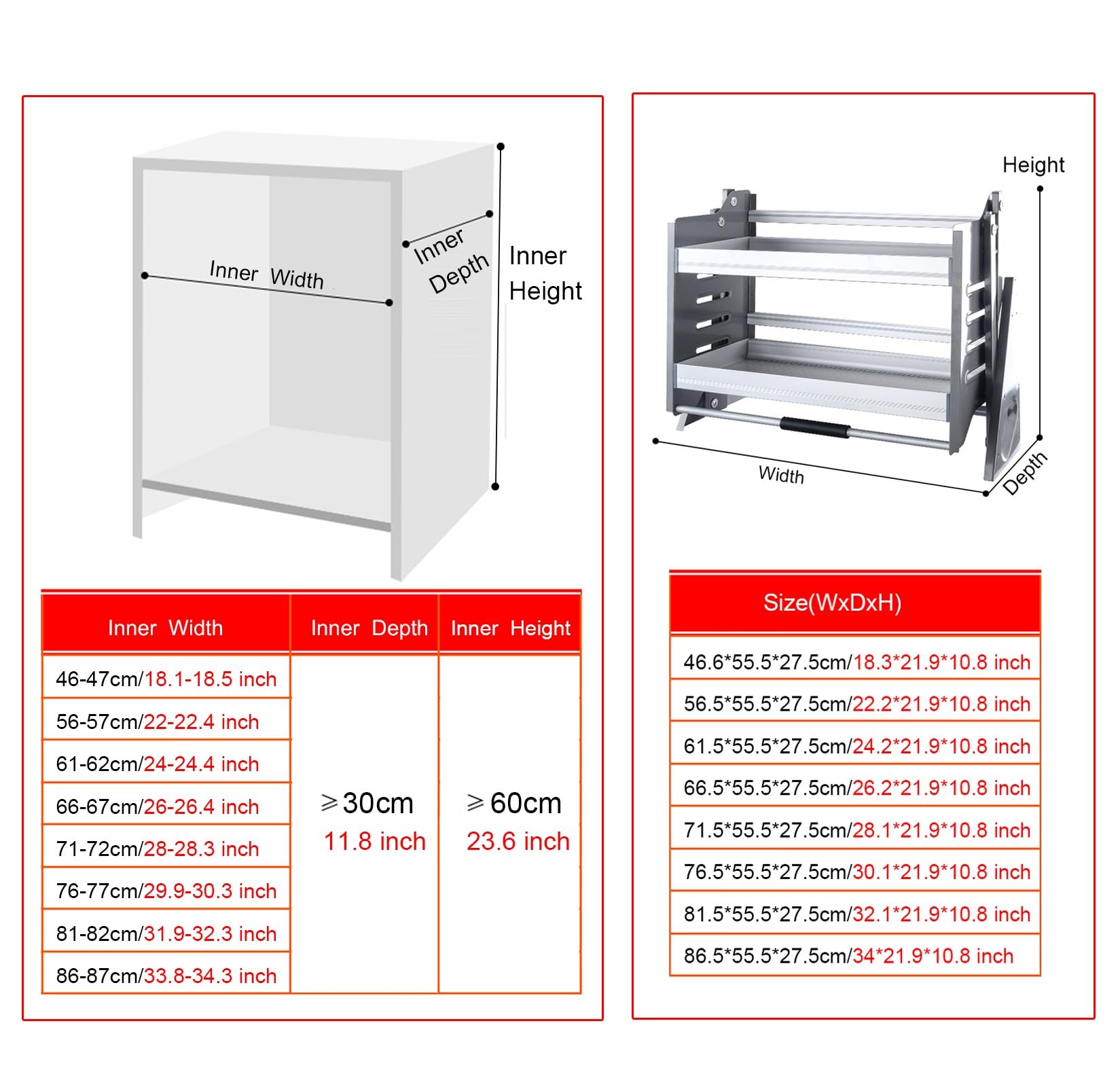 Mensola estraibile a 2 ripiani per dispensa, in alluminio, per cabina superiore, multiuso, per cucina Sto Solut, argento (55,9 - 86,9 cm di larghezza, 20 x 30 x 21,9 cm (altezza x larghezza x altezza)