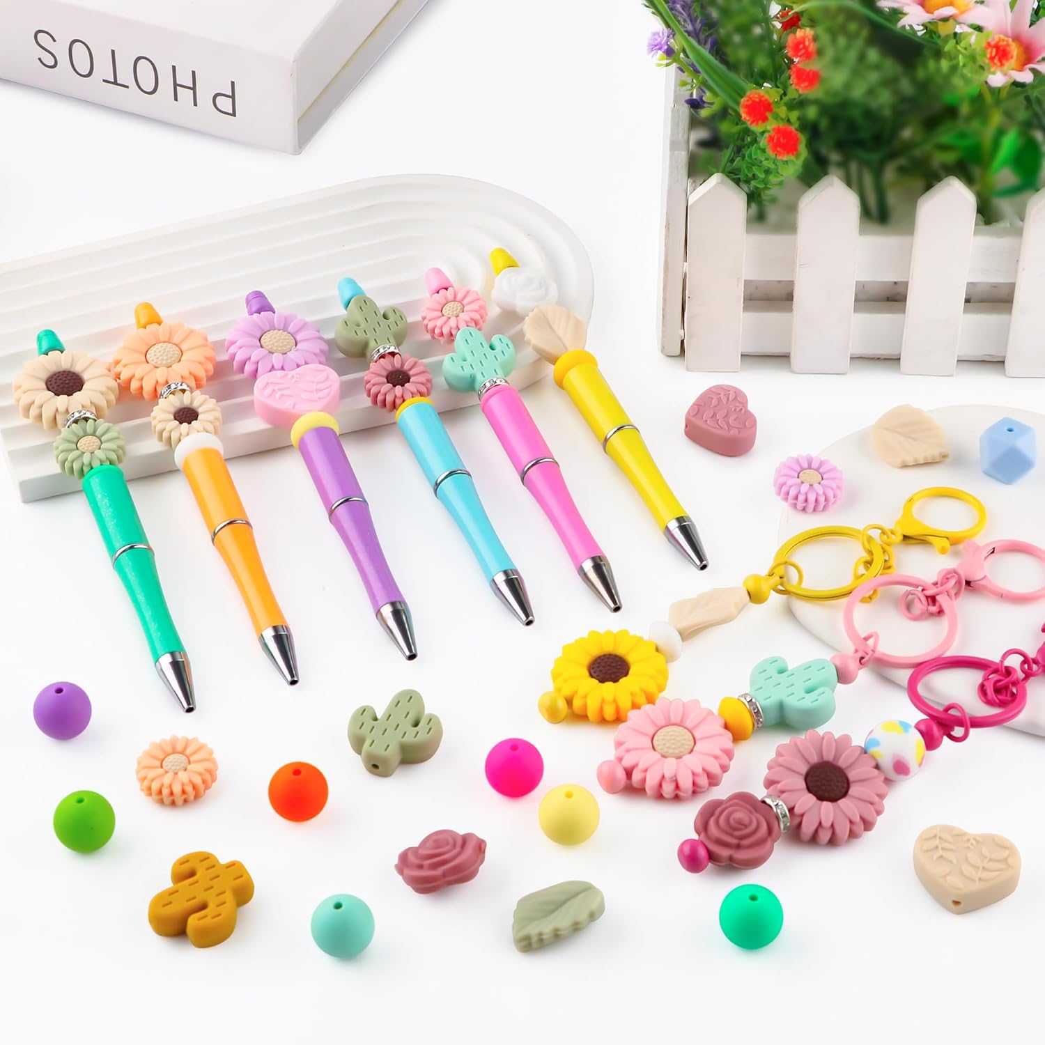 20Pcs Silicone Focal Beads for Pens, 20mm 30mm Sunflower Rose Chrysanthemum Leaves Hearts Cactus Plant Silicone Beads for Keychain Making DIY Craft（Green）
