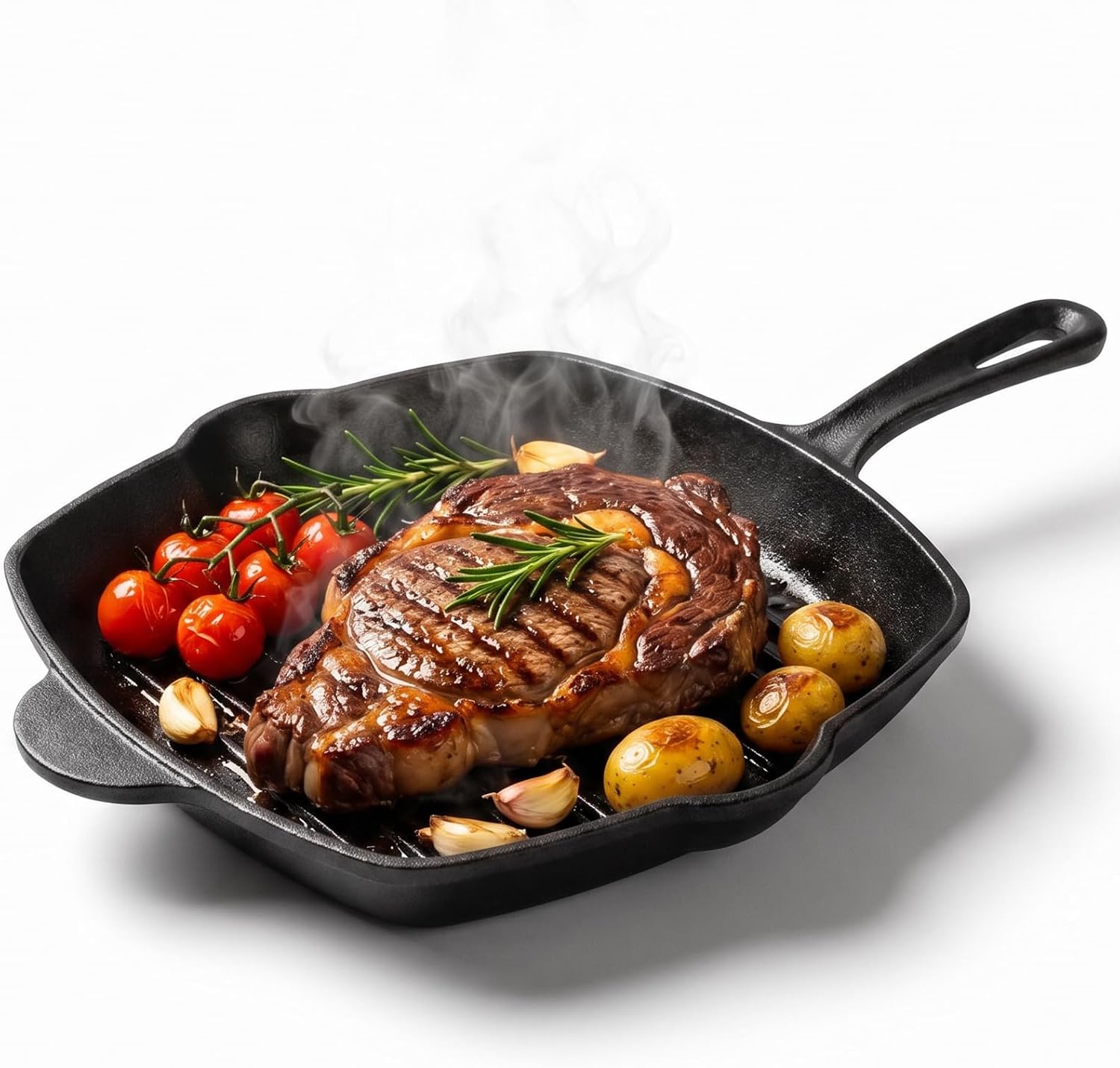 12 Inch Cast Iron Square Grill Pan, Seasoned Flat Skillets with Ring Handle, Cast Iron Square Grill Pan for Stove Top, Stylishly Designed & Heat Resistant for Kitchen Cooking