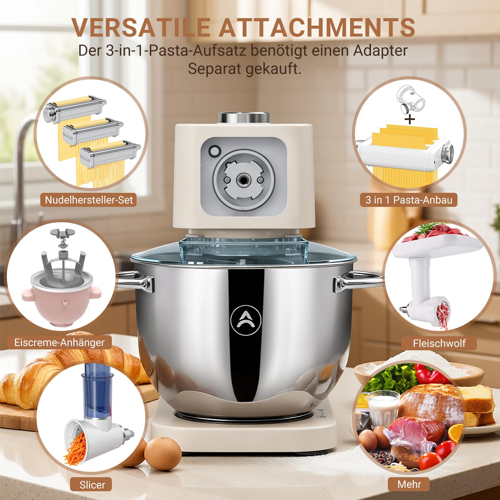 ZACME Robot de cocina de 1200 W, cuenco de acero inoxidable de 5,2 L, motor de CC silencioso, transmisión de 11 niveles, incluye 3 herramientas para mezclar (gancho para amasar, batidor, batidor