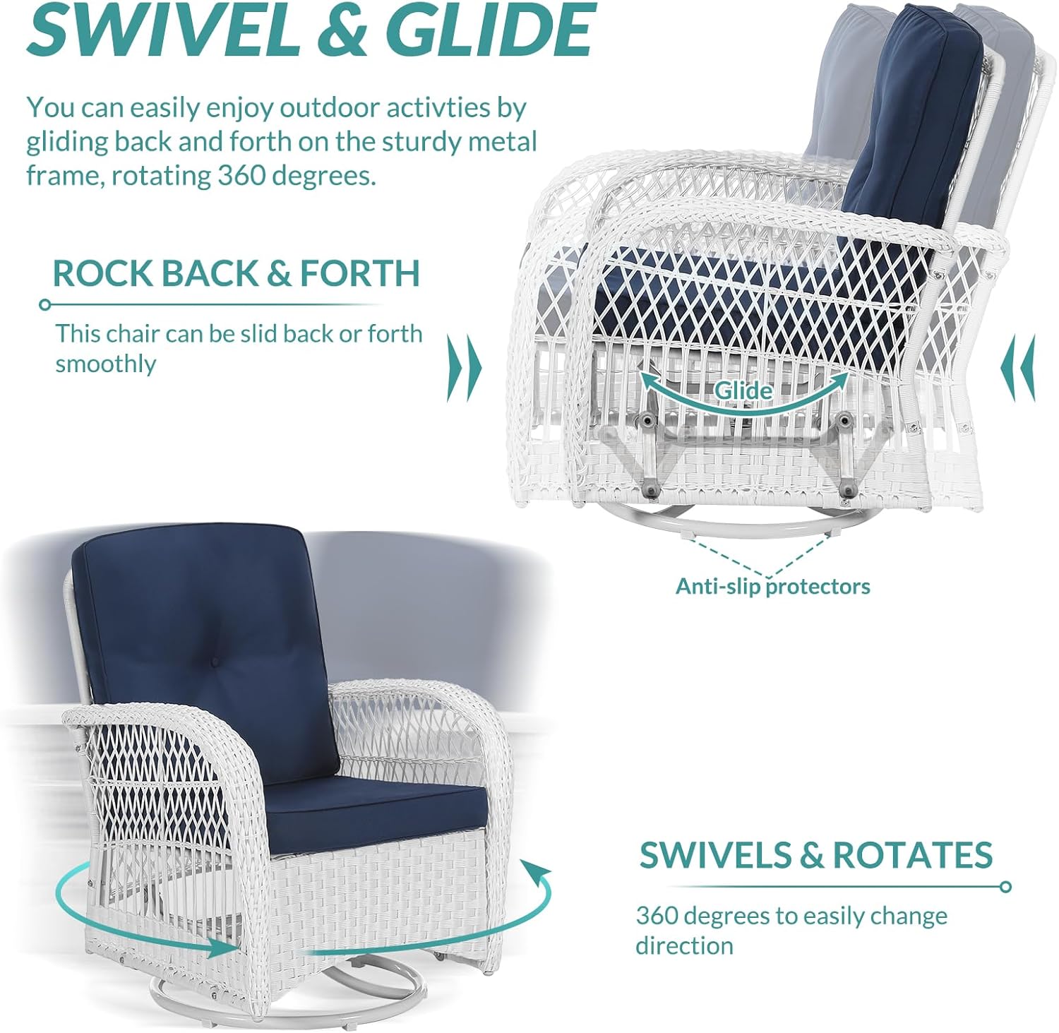 MEETWARM 3 Pieces Outdoor Wicker Swivel Rocker Patio Set, Rocking Chairs Rattan Patio Furniture Sets with Thickened Cushion and Glass-Top Coffee Table, Conversation Bistro Set, White Wicker/Navy