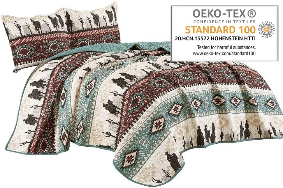 Jaba/WPM Western Teal/Beige/Burgundy Cowboy Desert Southwestern Print Bedspread 3 Piece west Theme Cabin Lodge Ranch Design Coverlet Quilt Set-Kadence 22366 (Queen), Teal, Beige, Taupe Burgundy - Image 2