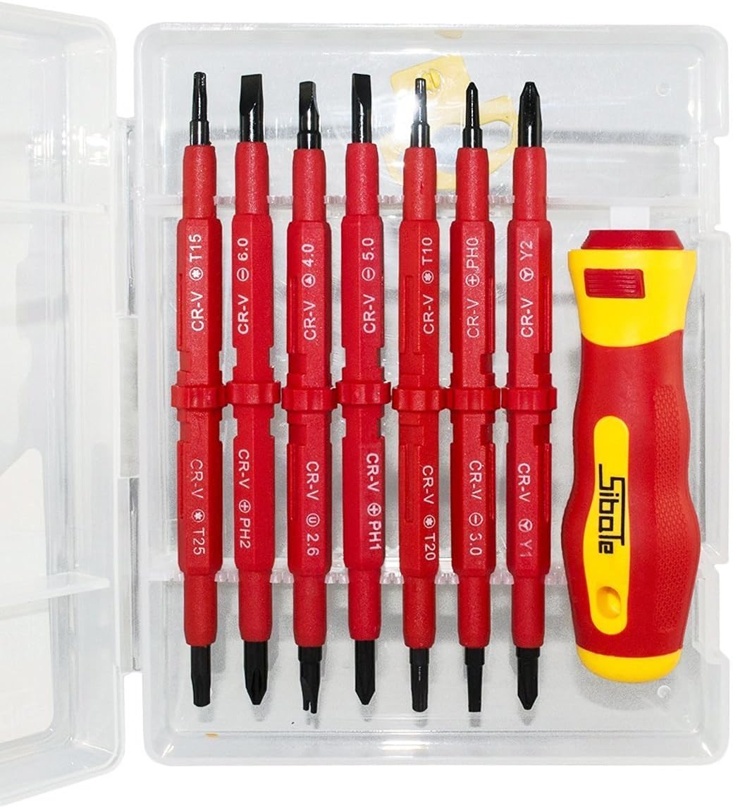 Sibate Insulated Electrical Screwdriver Phillips and Flat Double Head Precision Black Finish Blades With Magnetic Tips Repair Tool Kit Set of 7