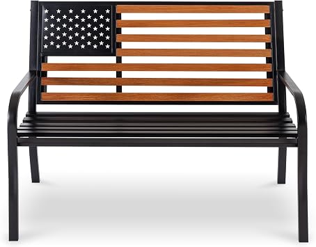 50" Outdoor Garden Bench, Cast Iron Metal Frame Patio and Porch Welcome Benches with Classic Americana Style Backrest and Weatherproof Seat, Park Decorative Memorial Bench Black & Woodgrain Colors