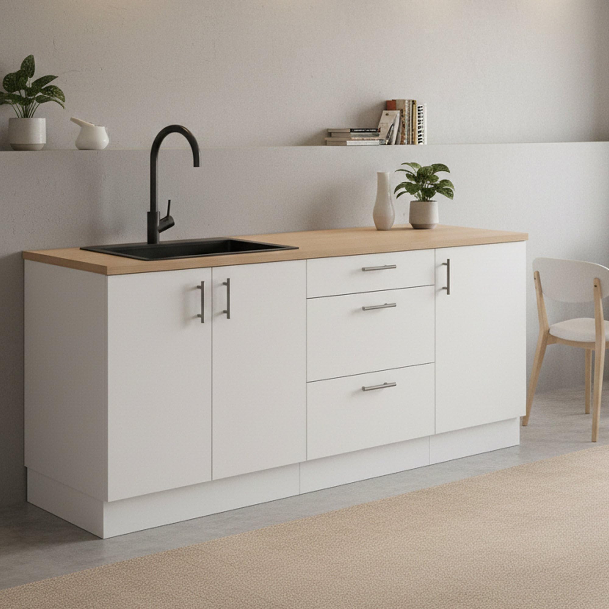 Dmora Cucina Lipomo Bianco 3 Cassetti 3 Ripiani, Elettrodomestici non inclusi, Cucinino Apertura Battente, Scorrevole