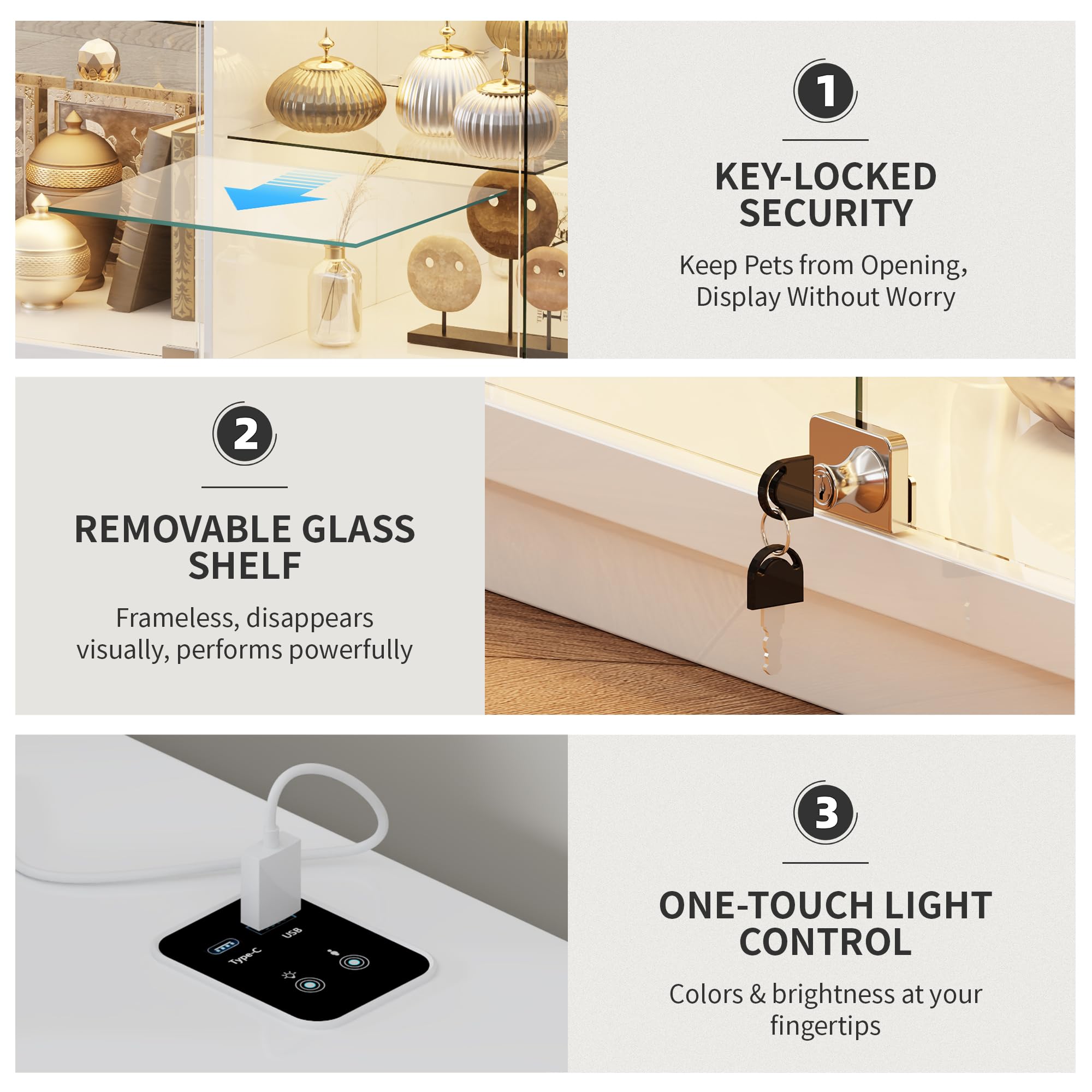 Vitrine mit LED Beleuchtung, Intelligente Sensorik für Wohnzimmer,Weiß | Vitrinenschrank mit Abschließbar Glastüren,Glasvitrine mit 3 Lagen Sammlervitrine für Schlafzimmer Büro,Studie
