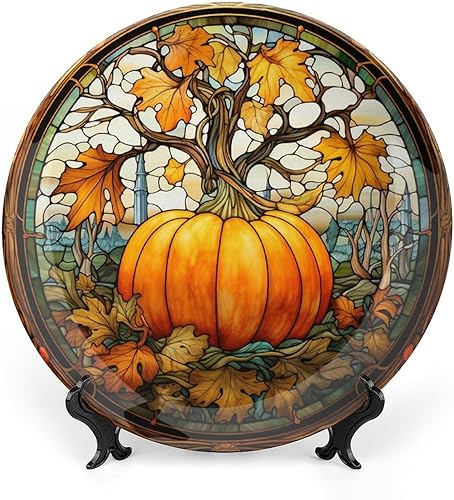Platos decorativos, diseño de vitrales, plato de exhibición de calabaza y arce de otoño para el hogar, oficina, cocina, decoración de mesa, platos
