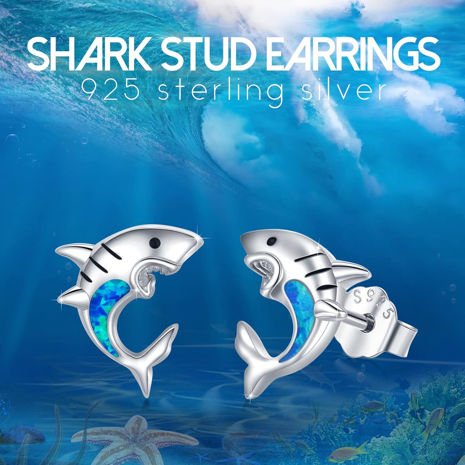 TUGHRA S925 Sterling Silver Shark Studs Earrings Opal Cute Ocean Jewelry for Women Hypoallergenic Gift