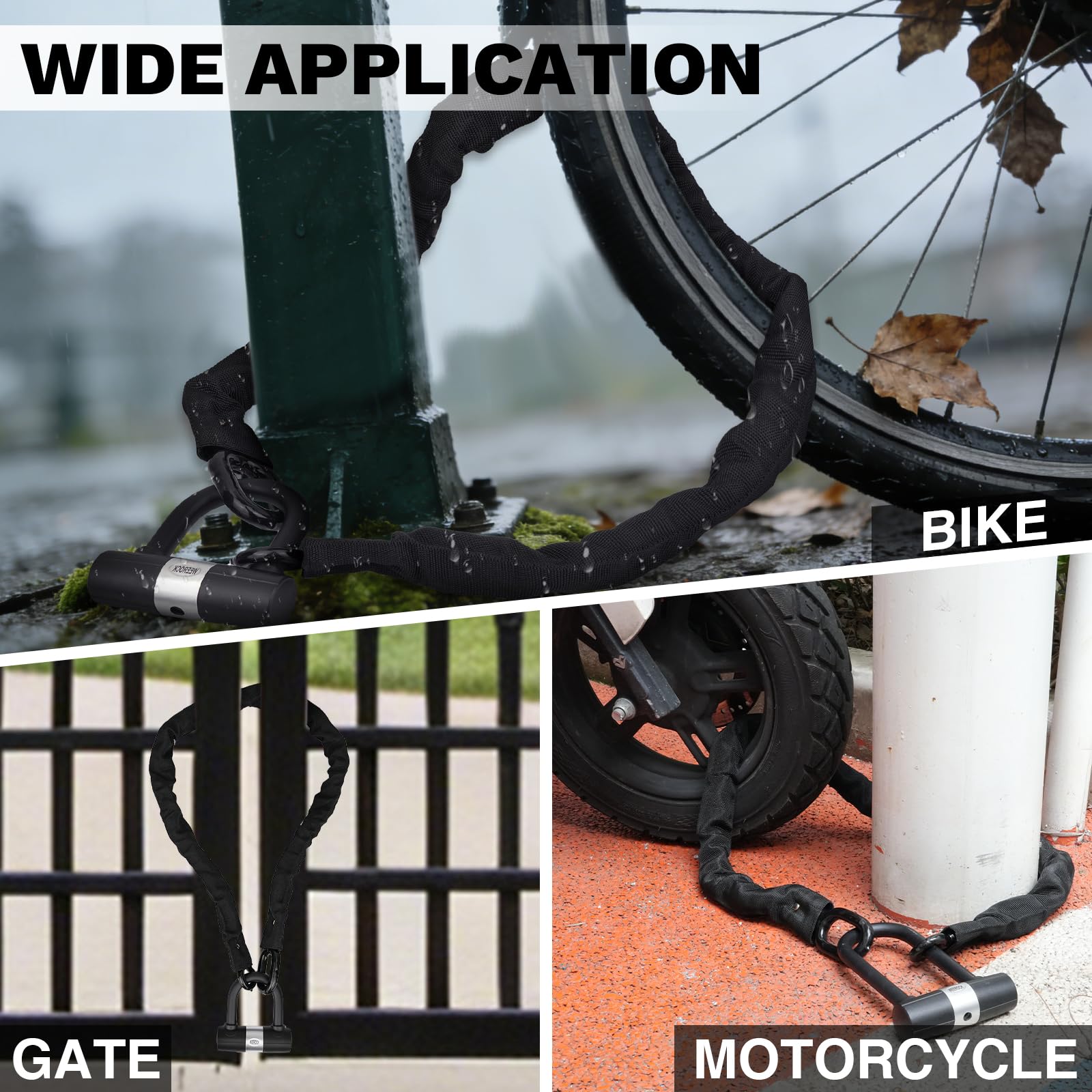 Lucchetto a catena per bicicletta in acciaio temprato da 8 mm, lunghezza 110 cm, con set di serratura ad arco, alta sicurezza, lucchetto per e-bike, moto, ingresso cortile (8 x 1100 mm)