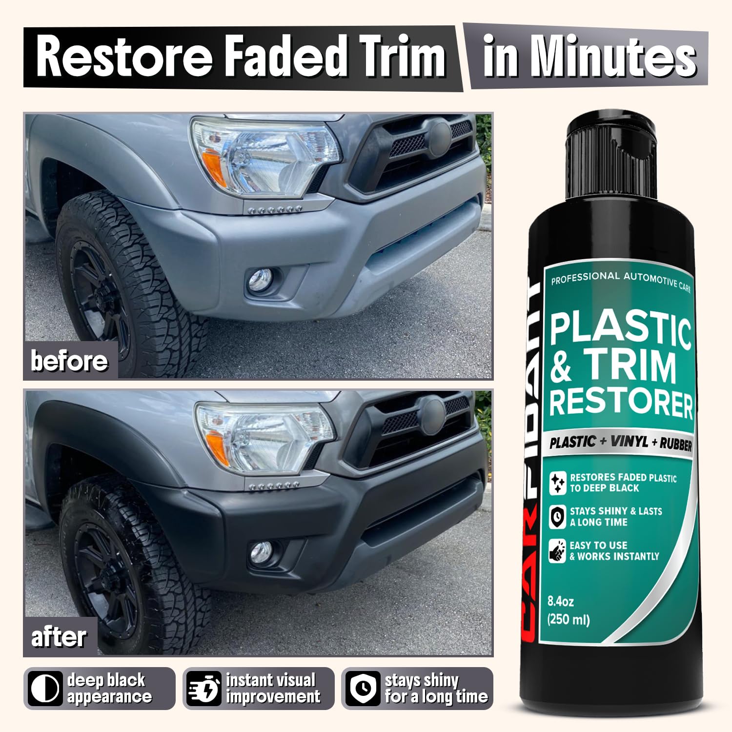 Carfidant Trim & Plastic Restorer - Restaura el plástico Descolorido y Opaco, Goma, Vinilo de Nuevo a Negro. Protector y sellador de los Rayos UV y la Suciedad, fácil de aplicar, 16 onzas líquidas