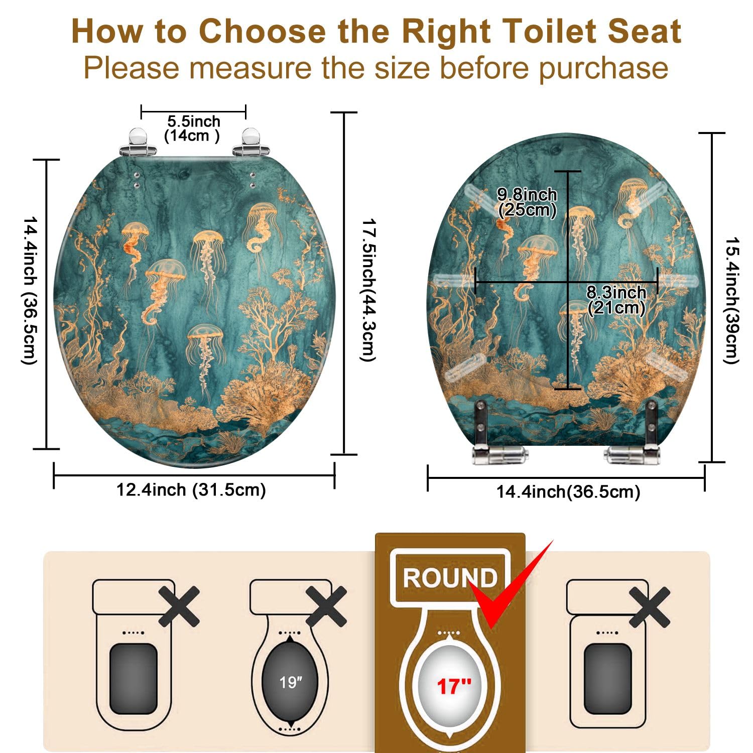 Asiento de inodoro redondo con tapa, cierre silencioso, bisagras de liberación rápida, decorativo.