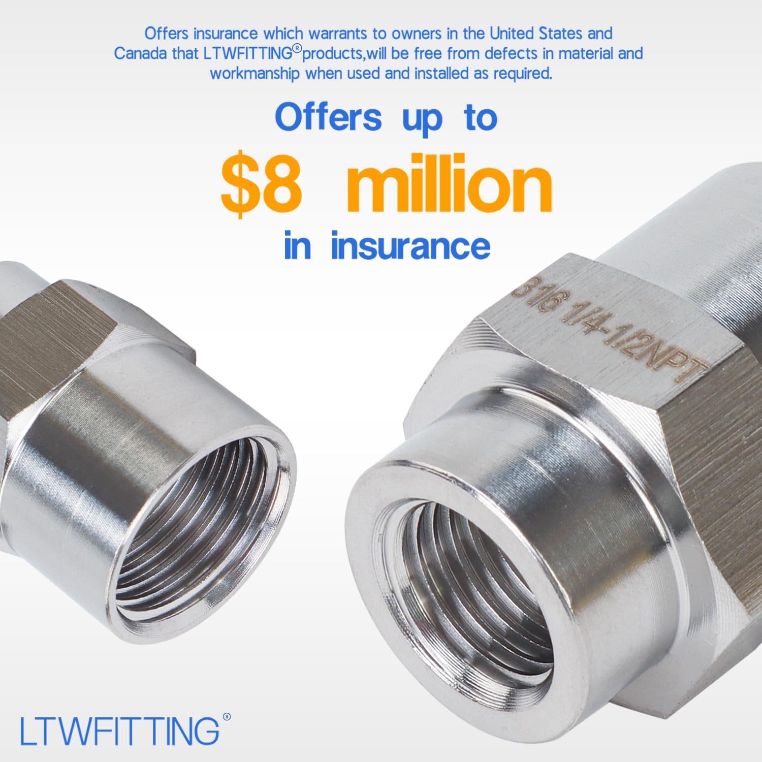 LTWFITTING Bar Production Stainless Steel 316 Pipe Fitting 1/2" x 1/4" Female NPT Reducing Coupling Water Boat (Pack of 5)