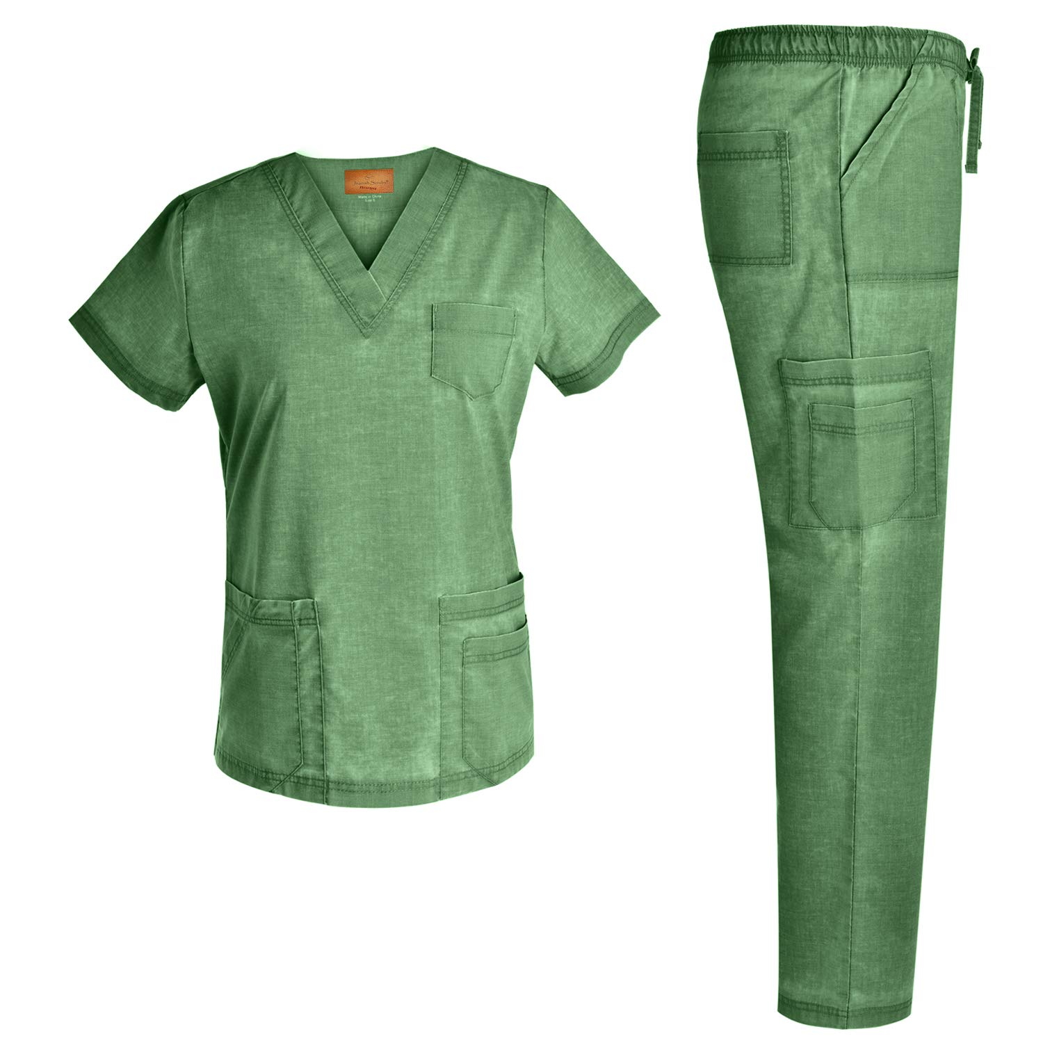 Women V Neck Stretch Set - Jeanish Washed Soft Women Top and Pants Workwear Uniforms JS1607 - Green - Medium