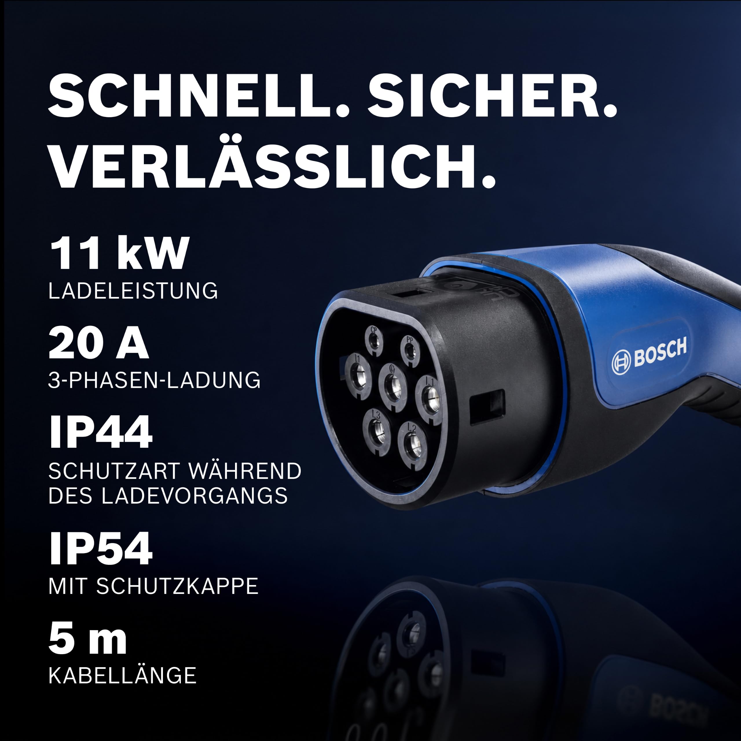Bosch EV-Ladekabel - Typ 2 zu Typ 2, Mode 3-11 kW, 20 A, 5 Meter | Robustes 3-Phasen-Ladekabel für Elektrofahrzeuge und Plug-in-Hybride, inklusive runder Tragetasche