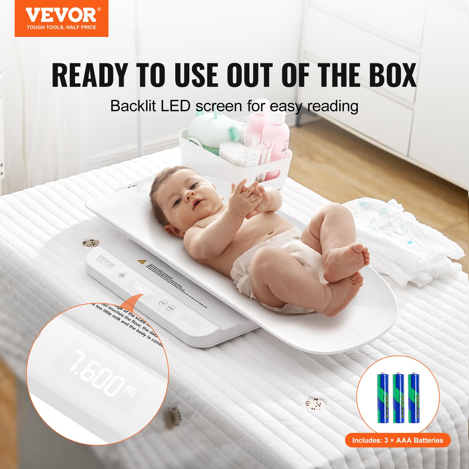 VEVOR Bilancia Intelligente Bluetooth per Neonati, Bilancia Digitale per Neonati 2 in 1 per Pesare con Vassoio Staccabile, Funzione Hold e Tare, per Bambini Piccoli, Animali Domestici, Capacità 30 kg