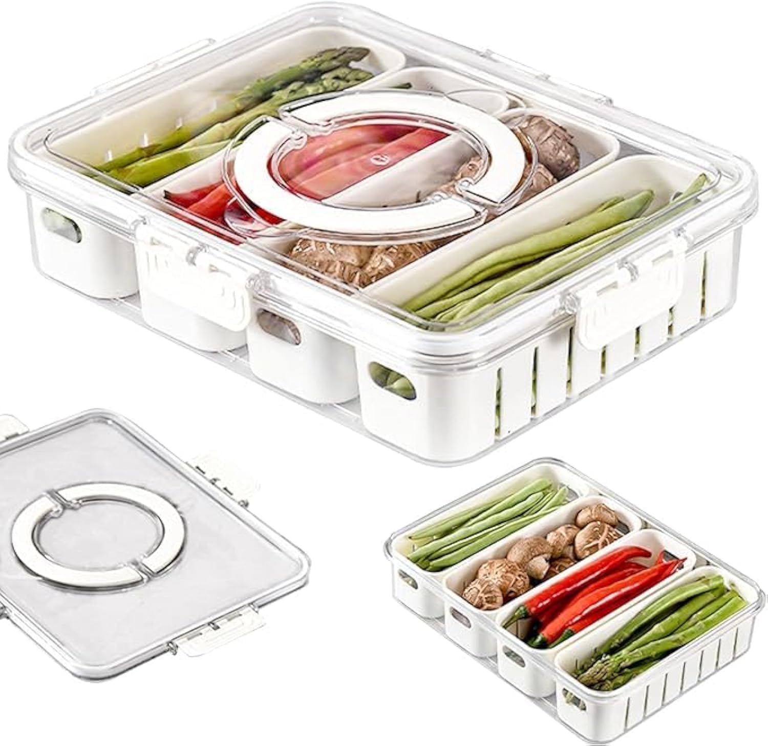 AMERTEER Divided Serving Tray with Lid & Handle, Portable Snackle Box with 4 Compartments – Food Storage Organizer for Snacks, Veggies, Fruits, Nuts & Candy, Charcuterie Tray for Picnic & Parties