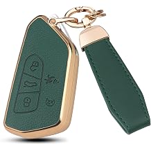 FT FUNTOR for Volkswagen Key Fob Cover, Soft TPU Leather Car Key Case Compatible with VW Atlas ID3 ID4 MK8 Golf GTI Octavia Skoda, 5 Buttons Green