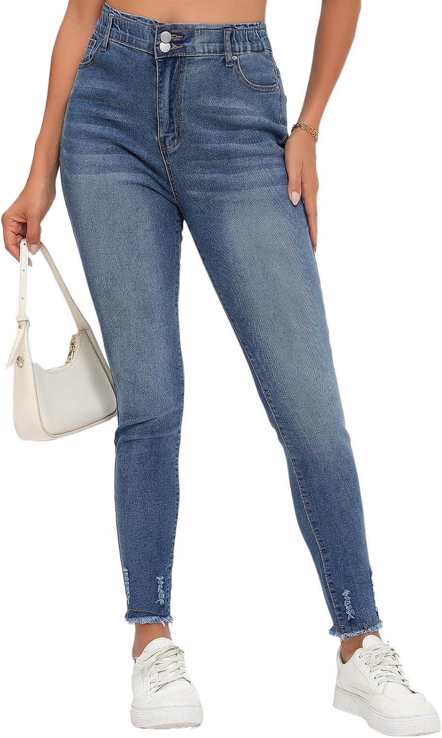 Skinny Jeans for Women Elastic High Waist Stretchy Classic Drawstring Slimming Jeggings Ripped Denim Trousers Pants