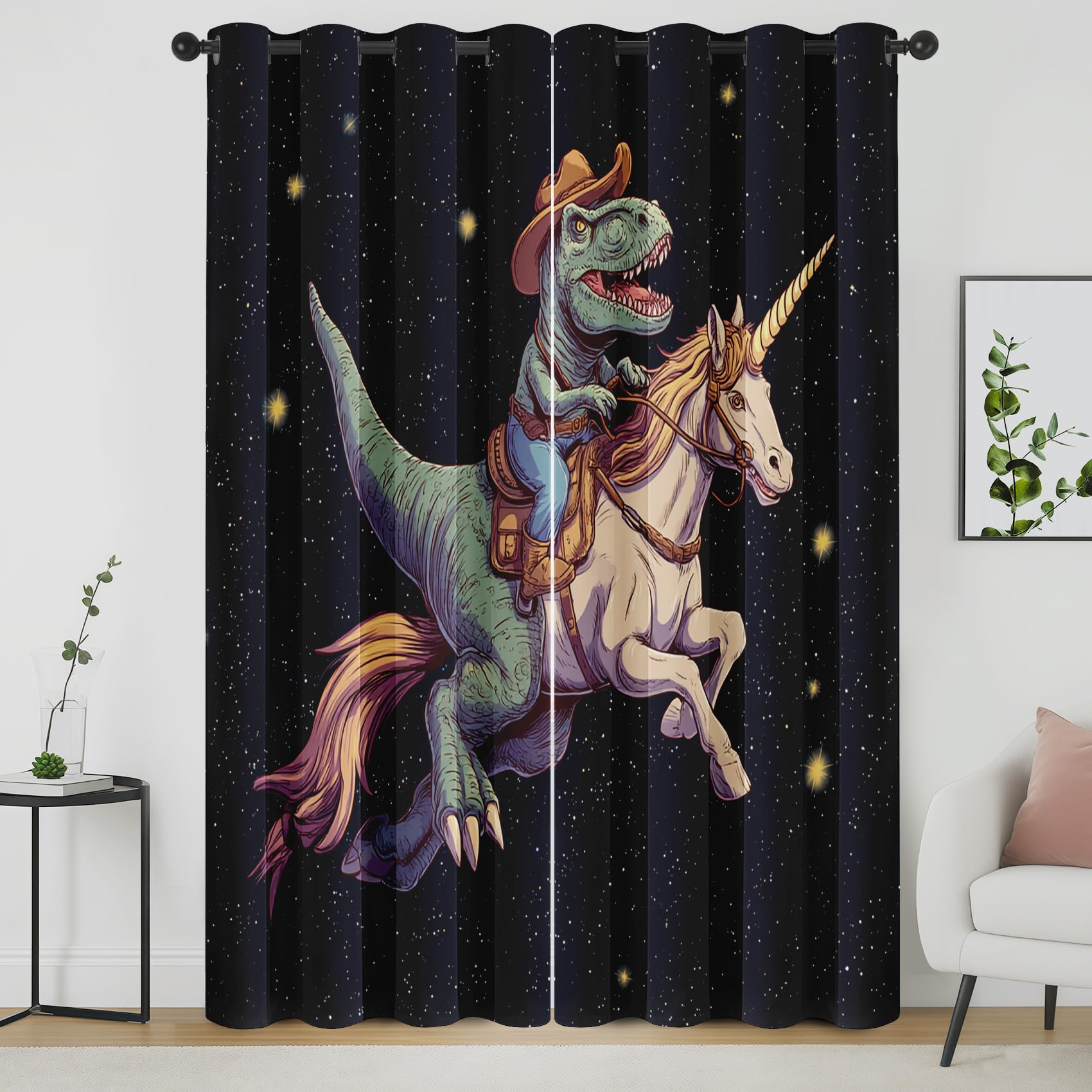 Rideau Occultant Licorne Dinosaure Drôle, Motif Animaux Galaxie Enfants Rideau Thermique Tenture Opaque à Oeillets, Rideaux Decoration Chambre Maison Salon Intérieurs, 140x280cm, 2 Pièces yuL249