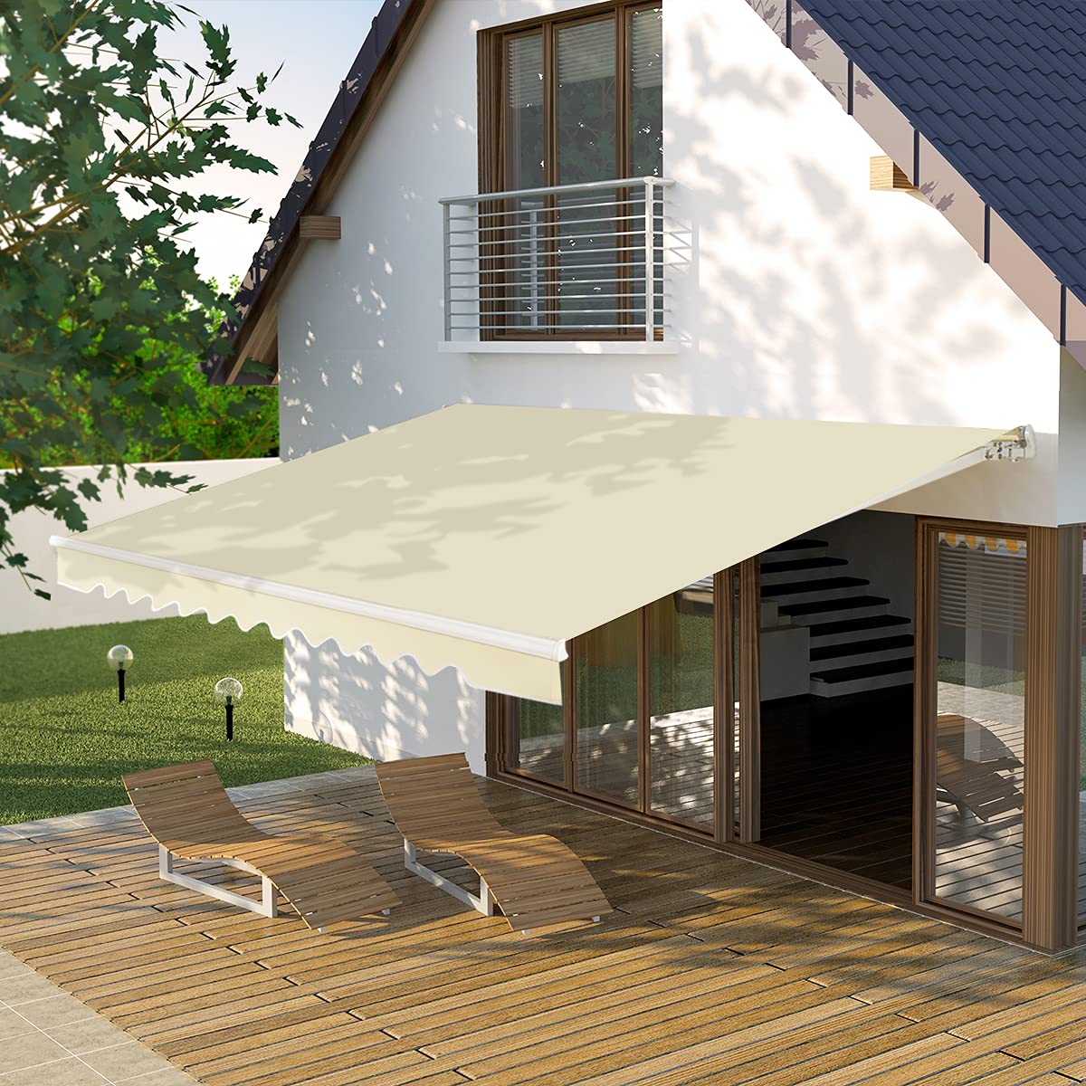 GOPLUS Store Banne Manuel 3,6Mx3M, Auvent de Terrasse Extérieur et Tissu Résistant aux UV avec Manivelle et Angle Réglable 5-35°pour Patio,Balcon,Terrasse(Beige)