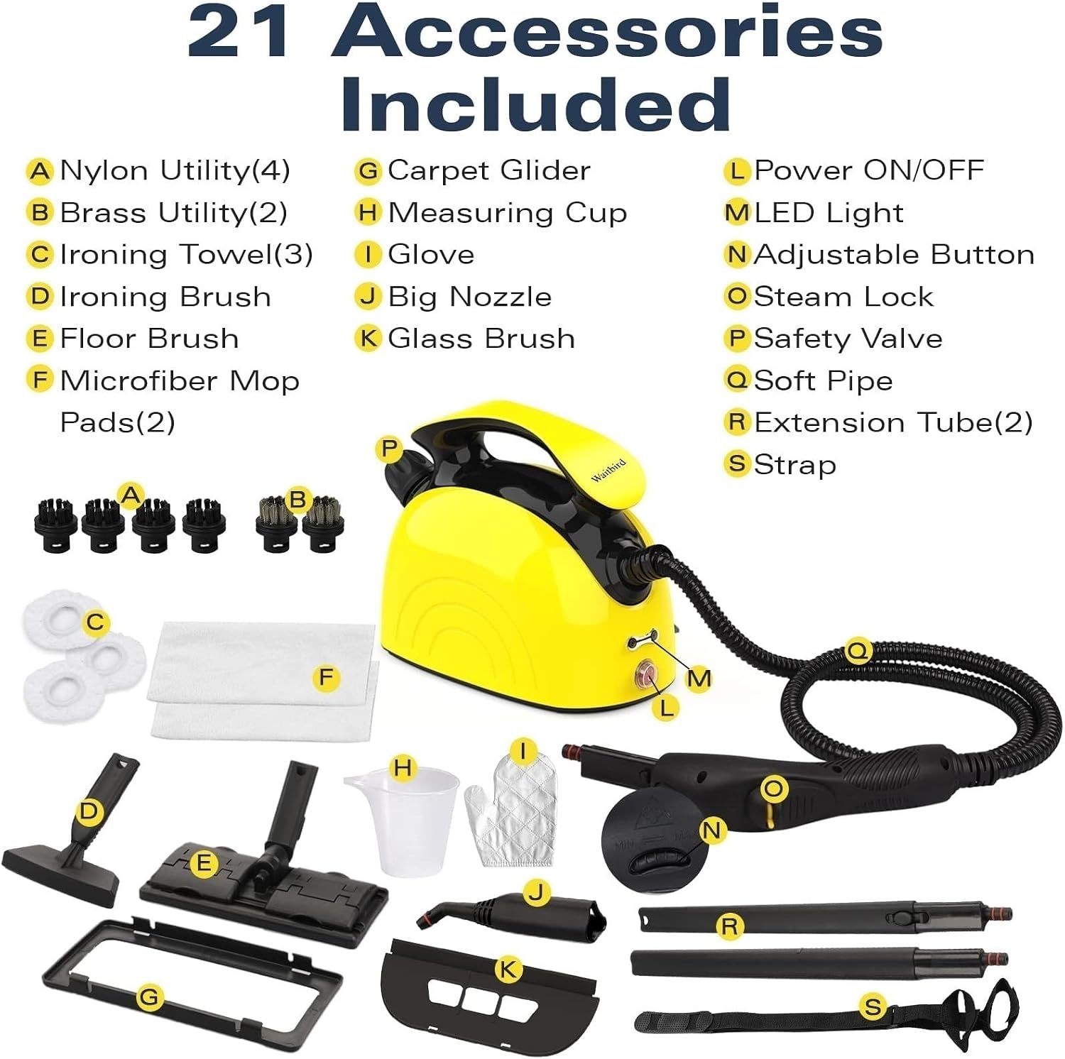 Waitbird Steam Cleaner comes with 21 accessories, ideal for cleaning tile grout, floors, sofas and more.