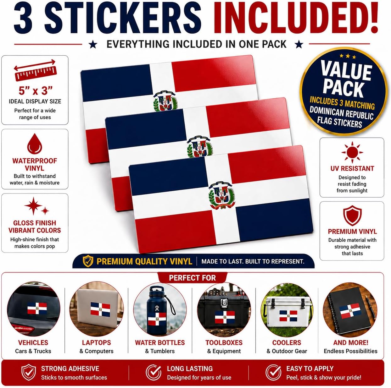 Dominican Flag Vinyl Flag Stickers, Car Decals, Waterproof Indoor Outdoor, Laptop Stickers, Car Bumper, Bandera Dominicana, 5 x 3 Inches, Set of 3