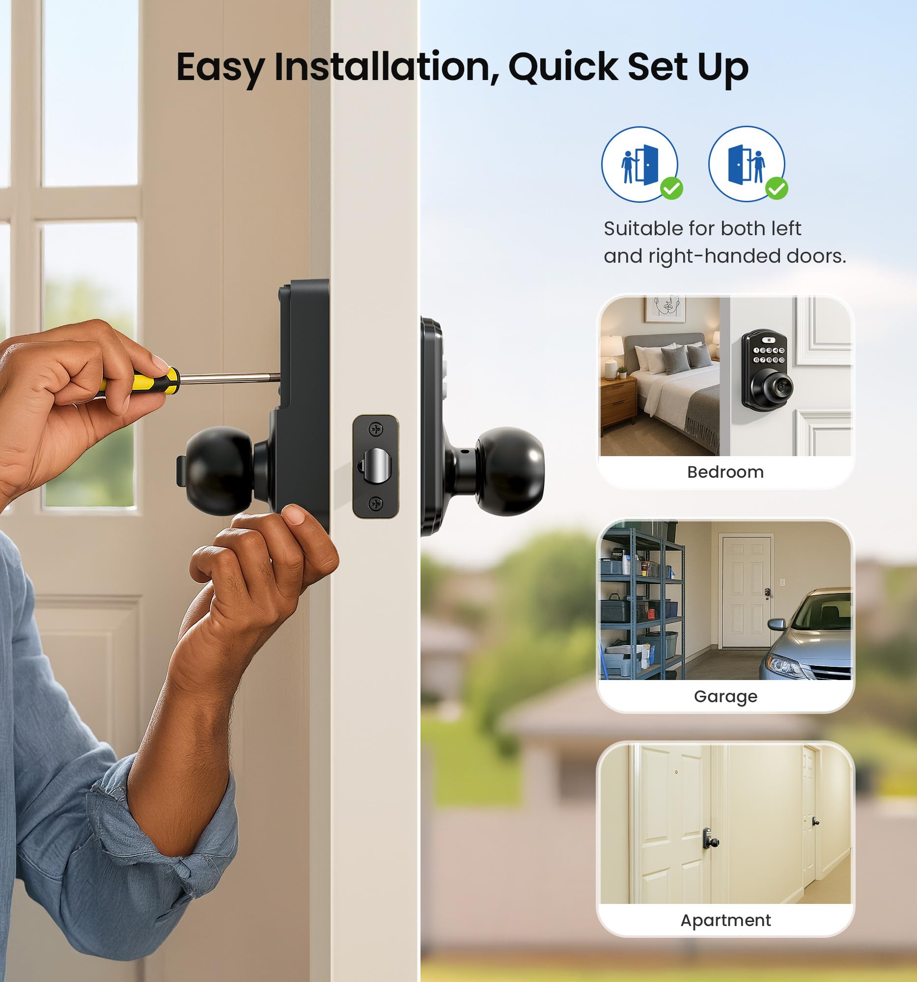 Veise Serratura a manopola per porta con tastiera, serratura digitale senza chiave, con maniglia, manopola elettronica per porta d'ingresso e camera da letto, facile installazione, blocco automatico