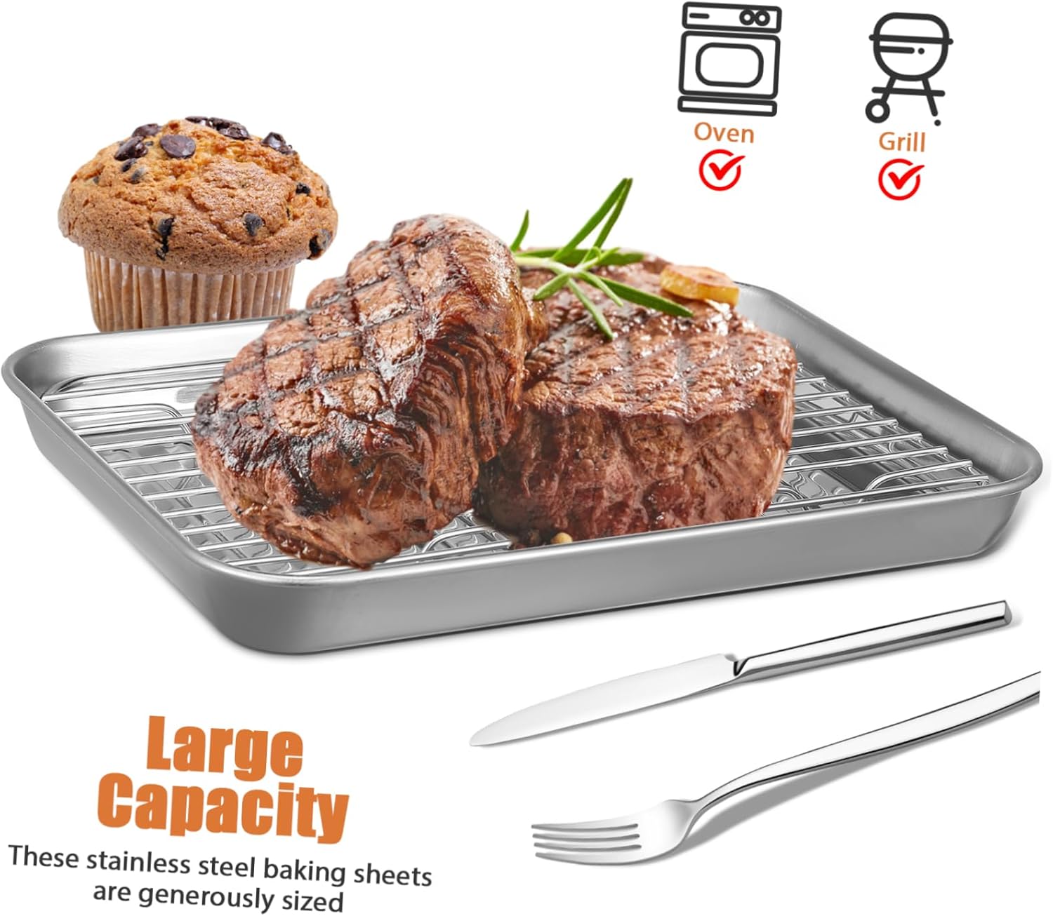 2sets Stainless Steel Baking Tray with Wire Rack Non-stick Oven Sheet Pan for Baking Roasting and Cooking Versatile Kitchen Tool for Cookies and Meats