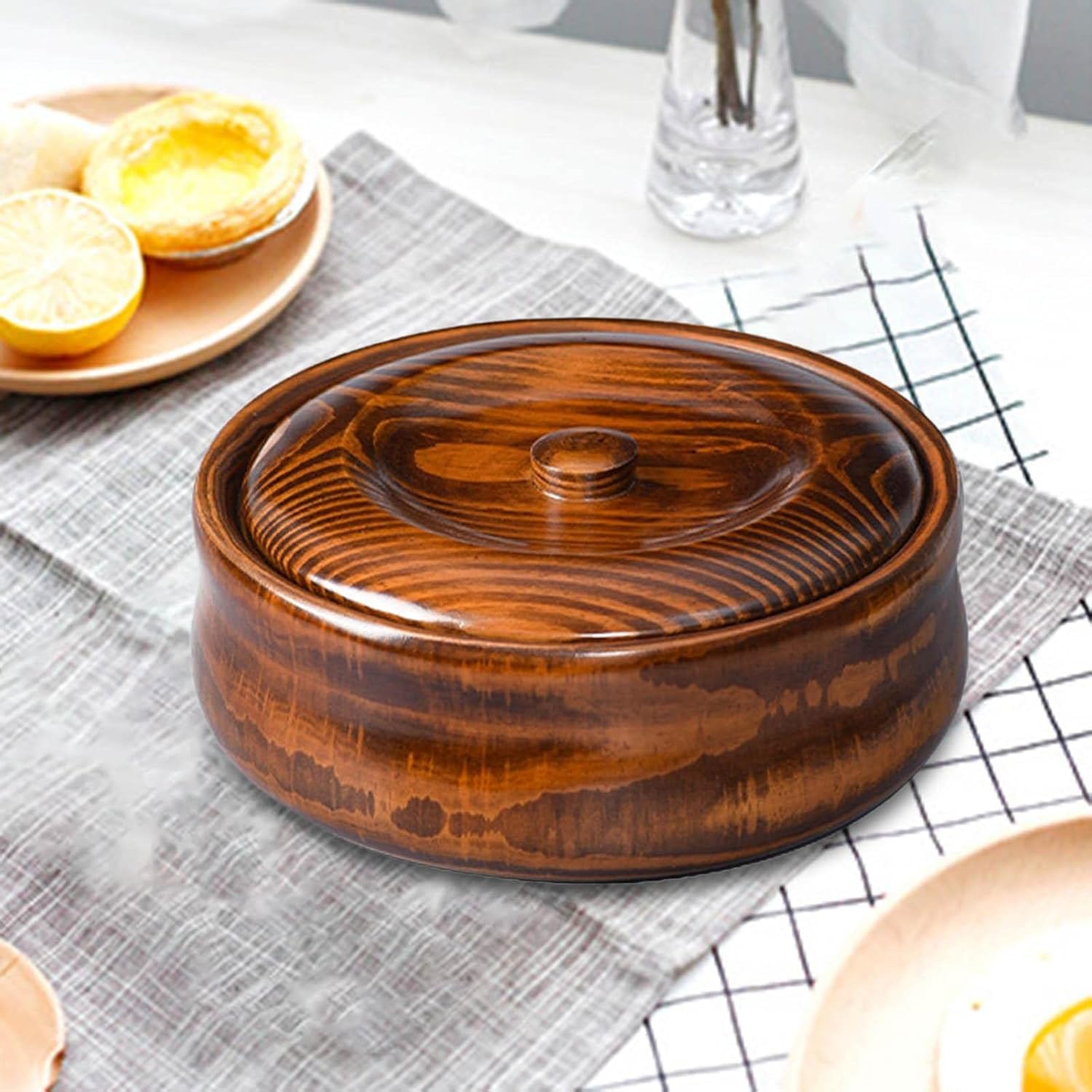 Cuenco de Madera con Tapas Decoración del hogar Cuenco de Ramen de Madera para Cocina para Sopa Cereal Guardián Almacenamiento para Ensalada,23cmx7.5cm