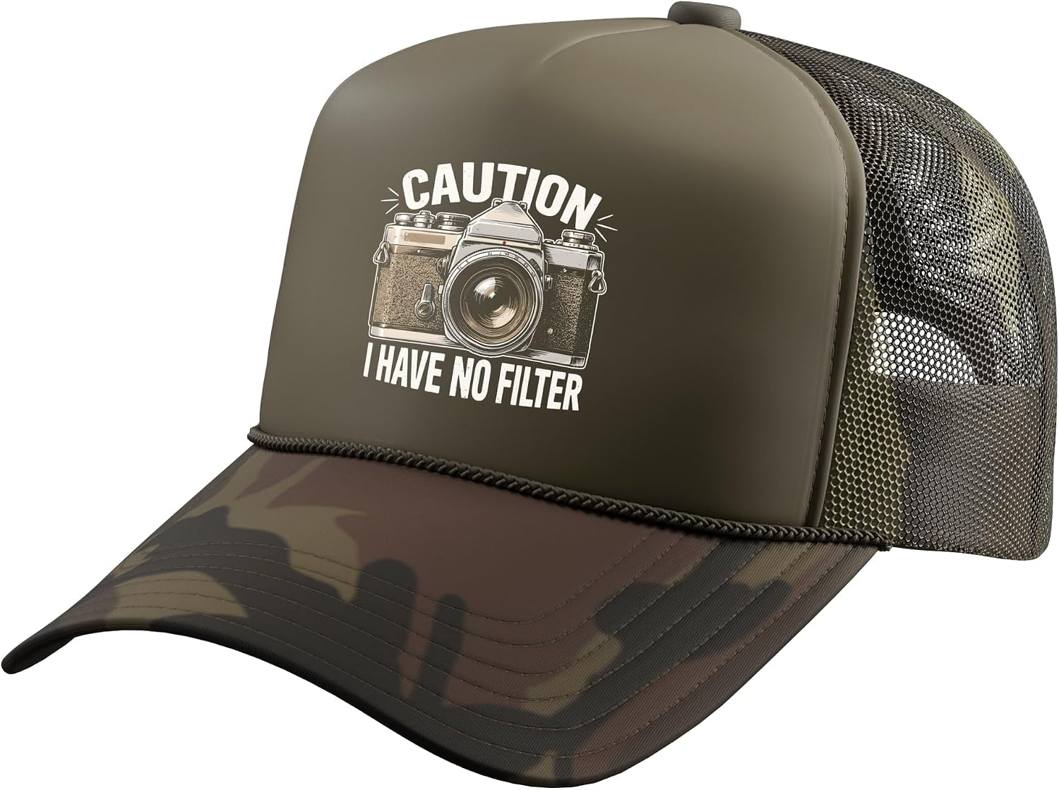 Caution I Have No Filter Retro Vintage Camera Sarcastic Trucker Hat with Adjustable Mesh Back